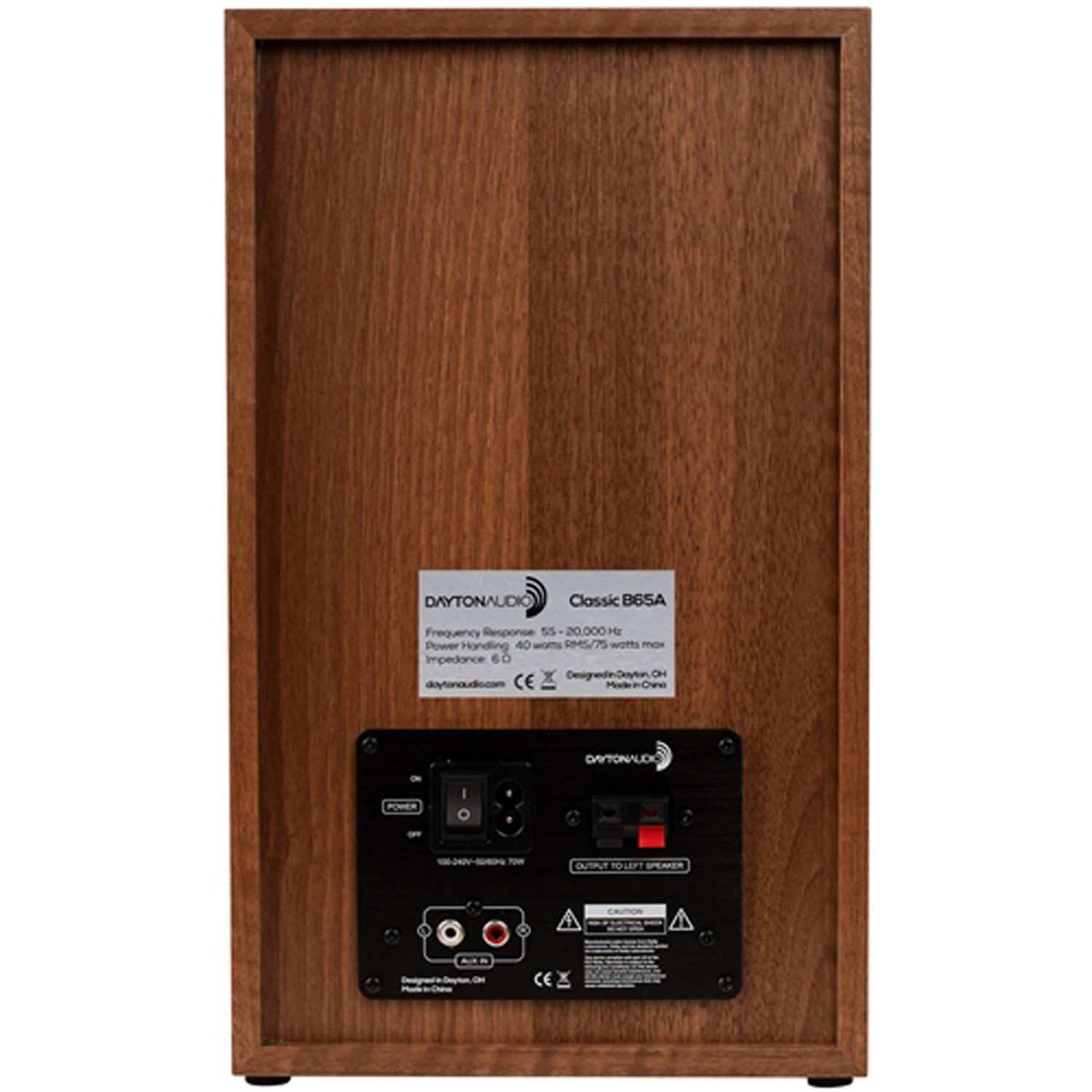 DAYTON AUDIO Classic B6SA  
Frequency Response: 55 - 20,000 Hz  
Power Handling: 40 watts RMS / 75 watts max  
Impedance: 6 Ω  
Designed in Dayton, OH  
Made in China  
daytonaudio.com  
CE  

OUTPUT TO LEFT SPEAKER  
POWER  
ON  
OFF  

CAUTIONS  
CE