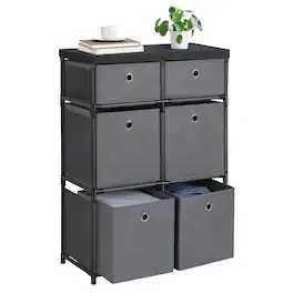 Oumilen - 6-Drawer Fabric Storage Dresser with Rustic Wood Top, Black - Gray