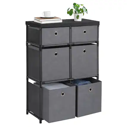 Front. Oumilen - 6-Drawer Fabric Storage Dresser with Rustic Wood Top, Black - Gray.
