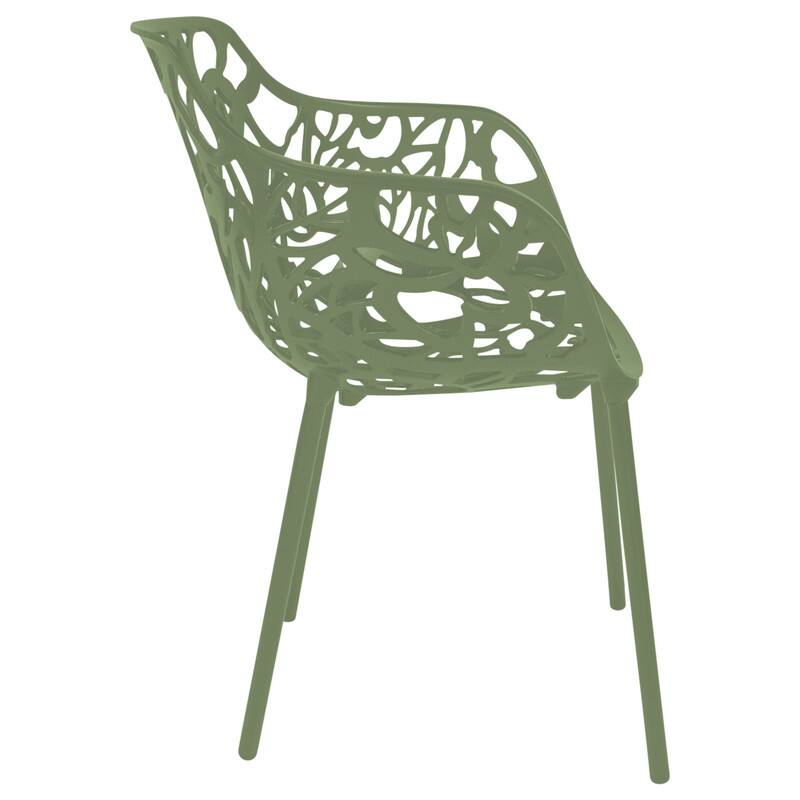 Back. LeisureMod - Set of 2 Devon Aluminum Dining Chair with UV-Protected Aluminum Frame Floral Cutout Design for Indoor Outdoor - Khaki Green.