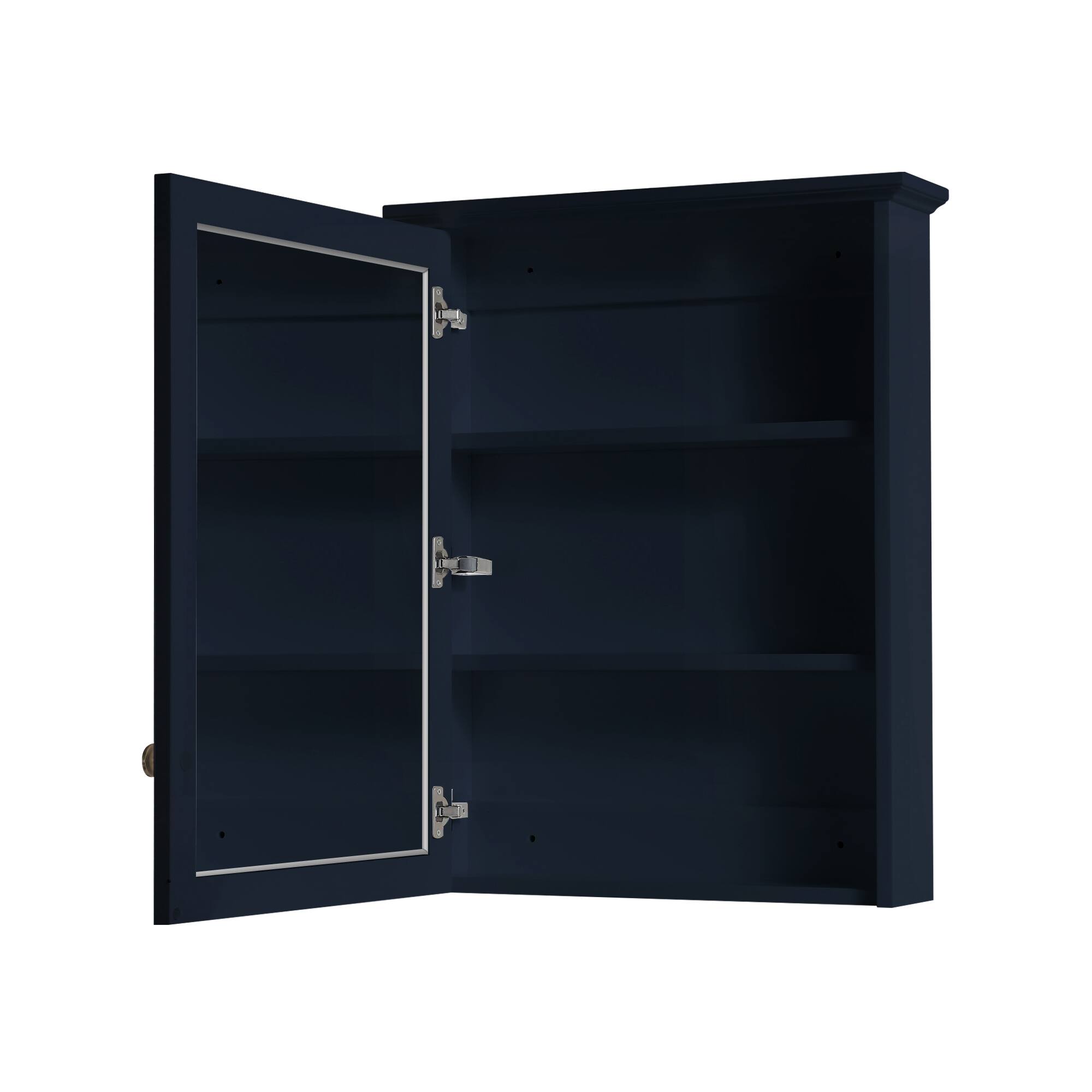 Back. WELLFOR - 24 in. W x 30 in. H Rectangular Solid Wood Frame Surface Mount Medicine Cabinet with Mirror and Soft Close Door - Navy Blue.