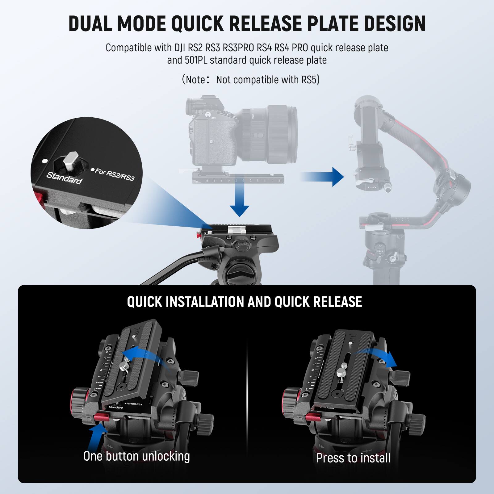 DUAL MODE QUICK RELEASE PLATE DESIGN

Compatible with DJI RS2 RS3 RS3PRO RS4 RS4 PRO quick release plate and 501PL standard quick release plate (Note: Not compatible with RS5)

Standard For RS2/RS3

QUICK INSTALLATION AND QUICK RELEASE

One button unlocking
Press to install