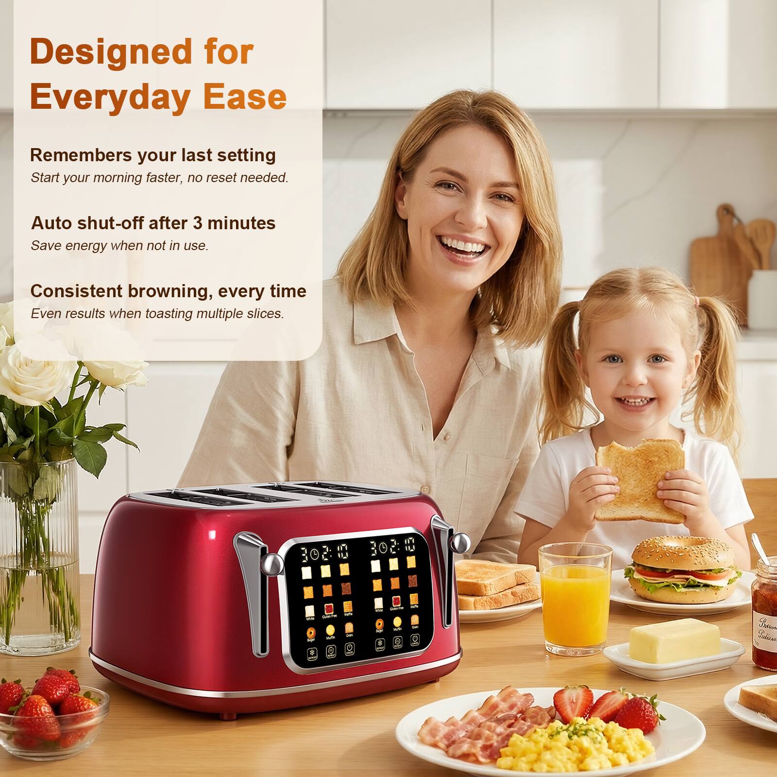 Designed for Everyday Ease

- Remembers your last setting
  - Start your morning faster, no reset needed.

- Auto shut-off after 3 minutes
  - Save energy when not in use.

- Consistent browning, every time
  - Even results when toasting multiple slices.