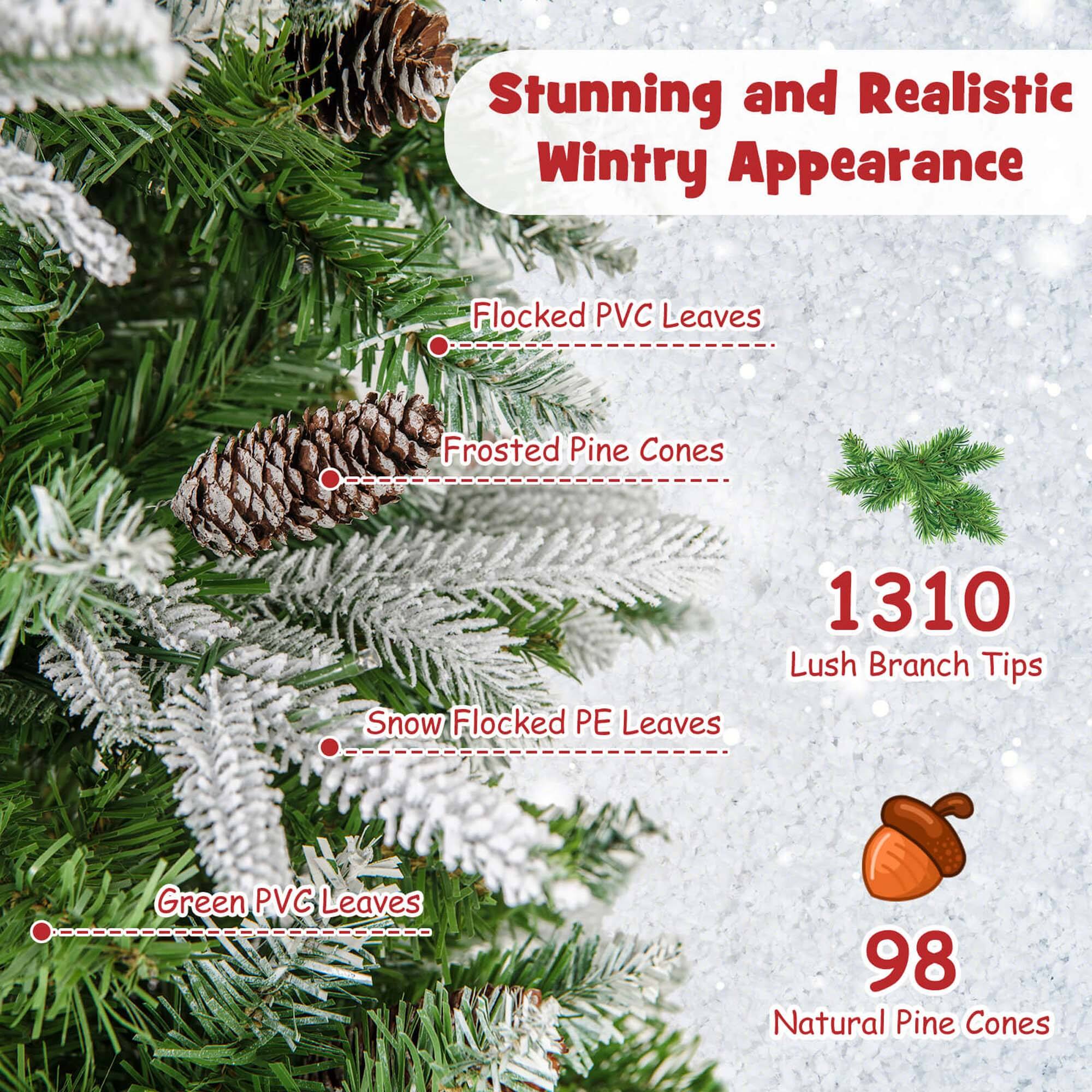 Stunning and Realistic Wintry Appearance:

* Flocked PVC Leaves
* Frosted Pine Cones
* Snow Flocked PE Leaves
* 1310 Lush Branch Tips
* Green PVC Leaves
* 98 Natural Pine Cones