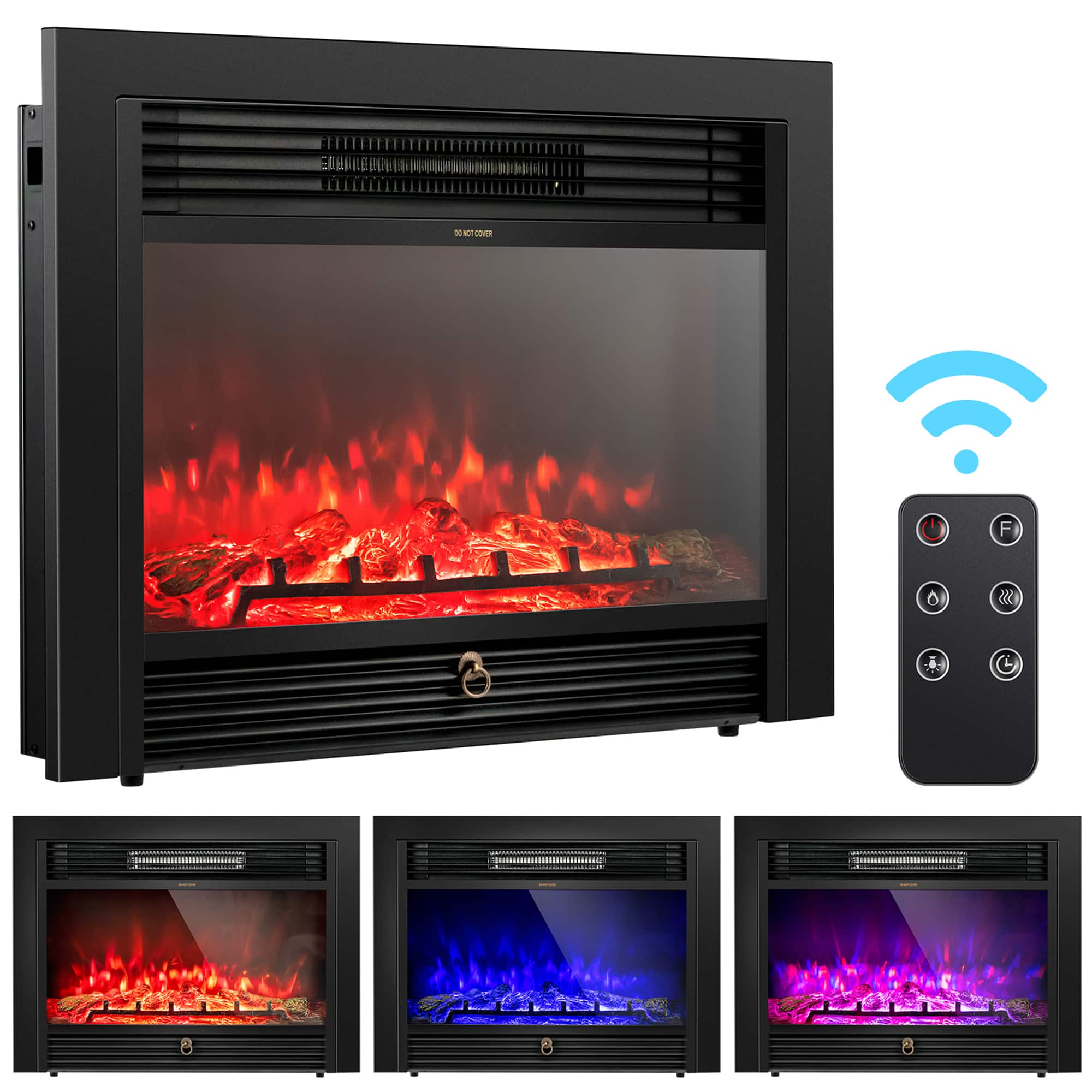 Gymax - 28.5'' Fireplace Electric Embedded Insert Heater Glass Log Flame Remote - Black