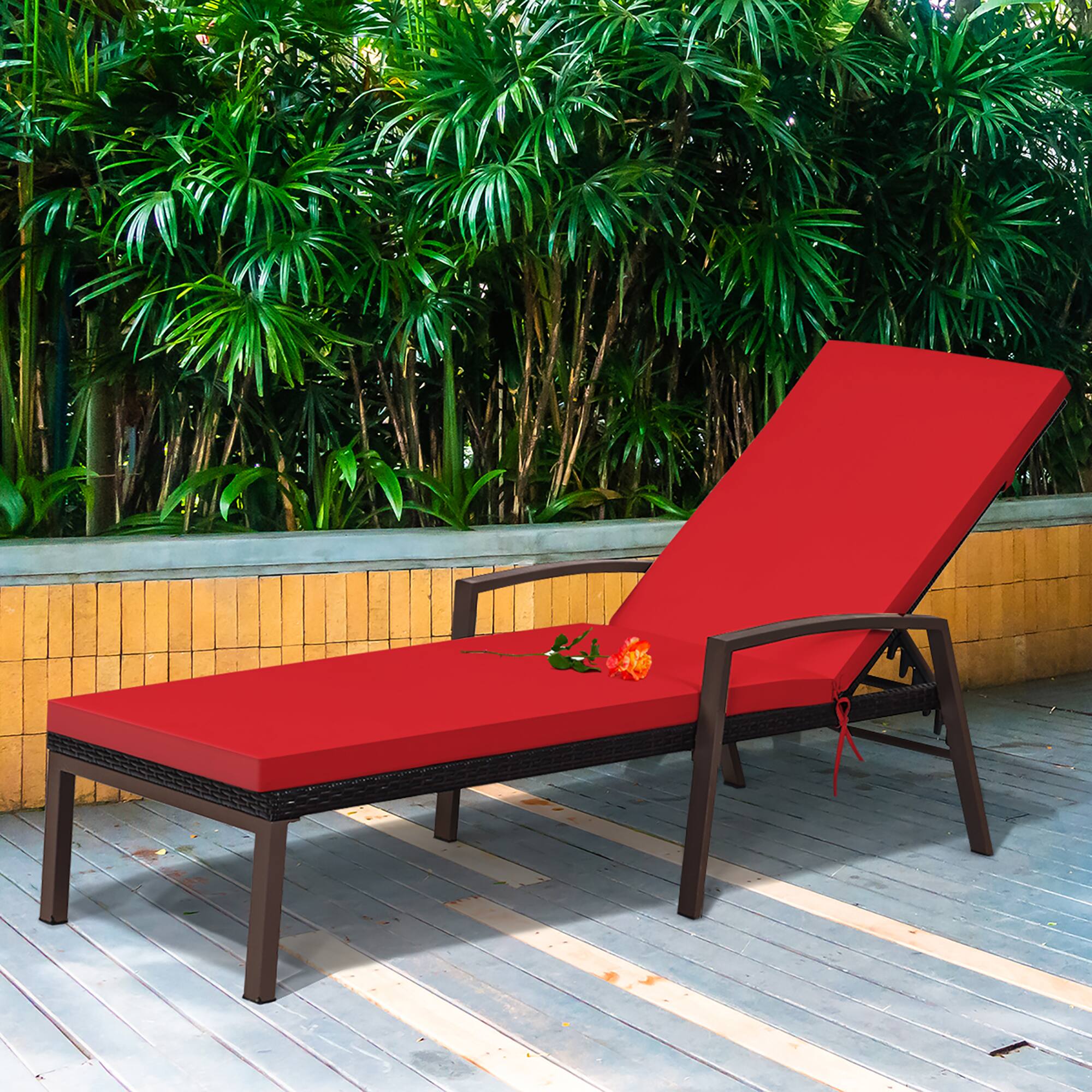 Alt View 3. Costway - Patio Rattan Lounge Chair Chaise Recliner Back Adjustable w/Cushion Outdoor - Red.