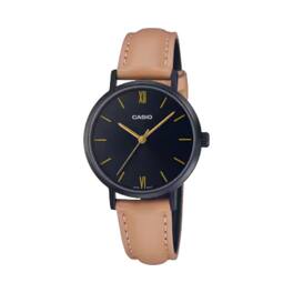 Casio - Women’s Leather Strap Analog Watch Black Dial - LTP-VT02BL-1AUDF - Brown