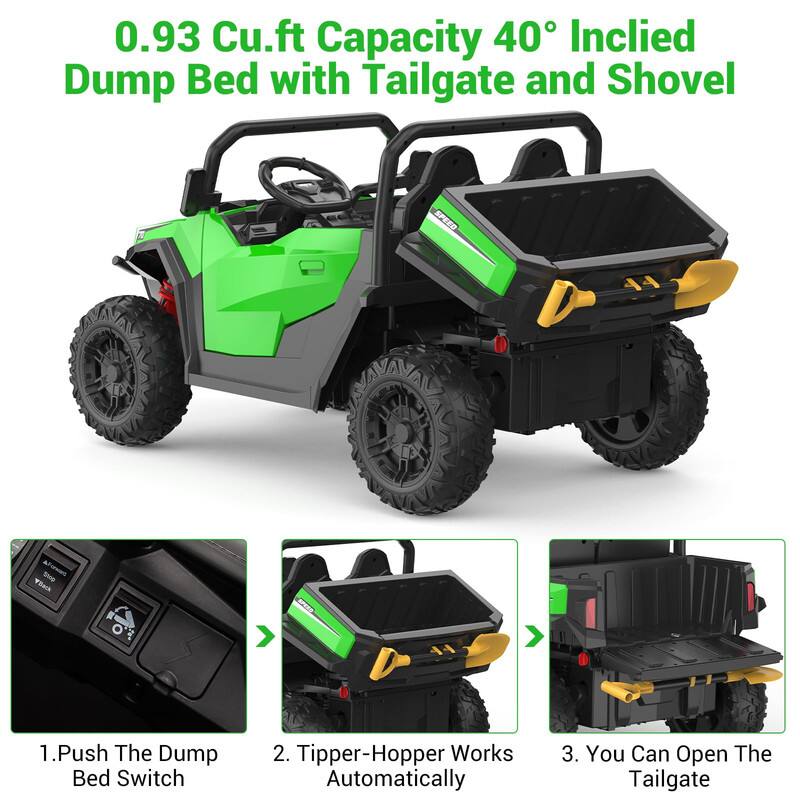 0.93 Cu.ft Capacity 40° Inclined Dump Bed with Tailgate and Shovel

1. Push The Dump Bed Switch
2. Tipper-Hopper Works Automatically
3. You Can Open The Tailgate