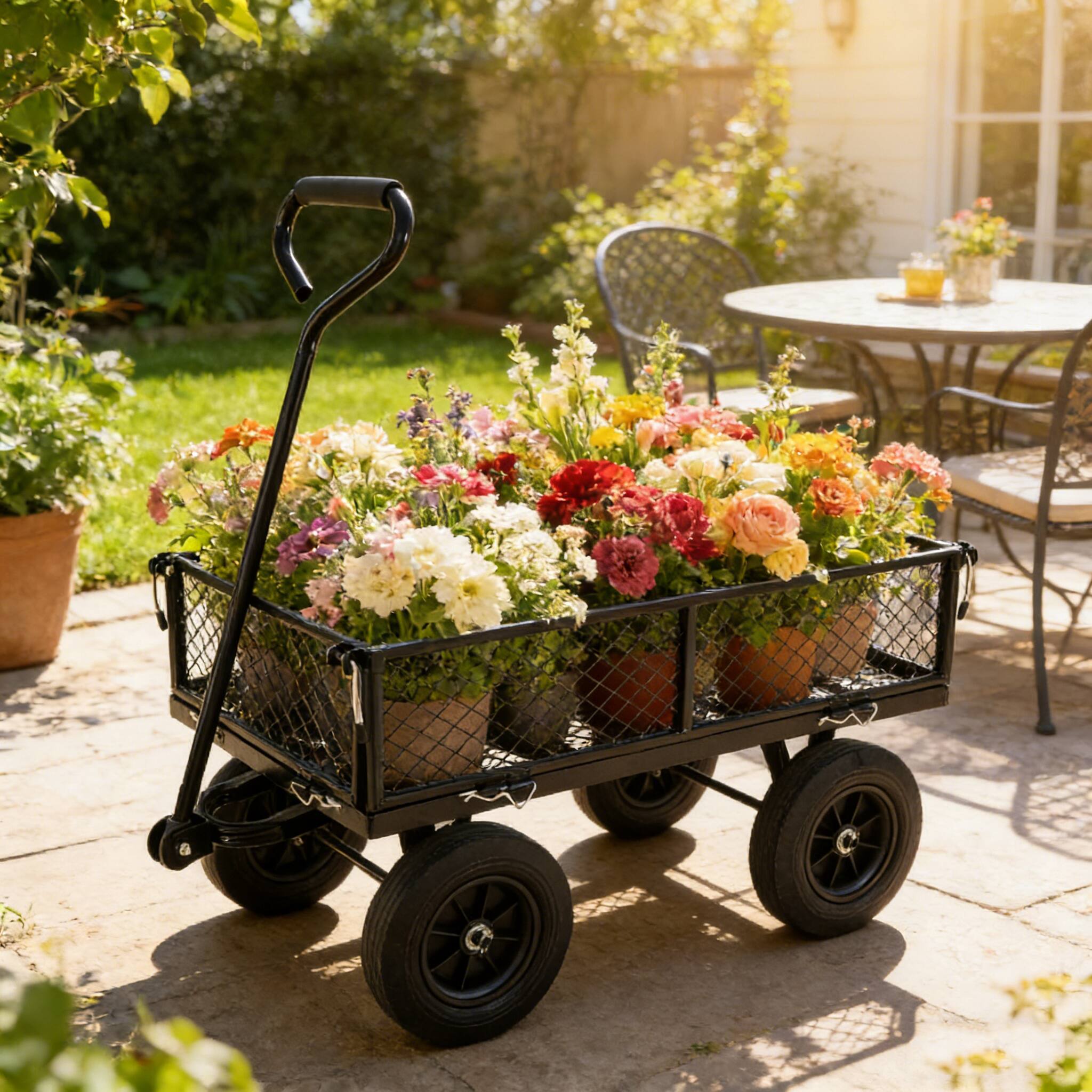 Angle. Whisen - Metal Garden Cart Outdoor Wagon, Utility Tool Cart with Solid Wheels for Lawn and Yard Work - Black.