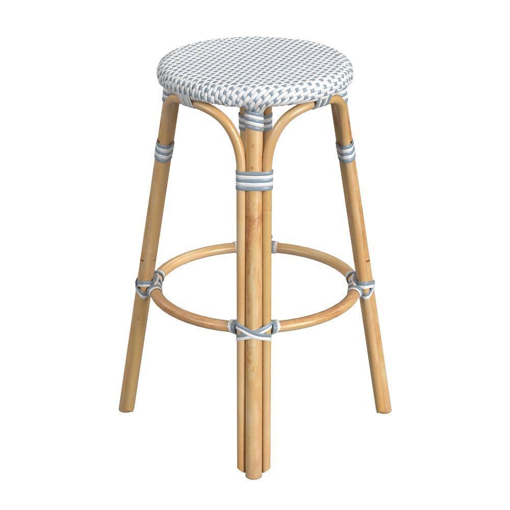Alt View 2. Butler Specialty - Tobias Round Rattan 30" Bar Stool, White and Sky Blue Dot - White And Sky Blue Dot.
