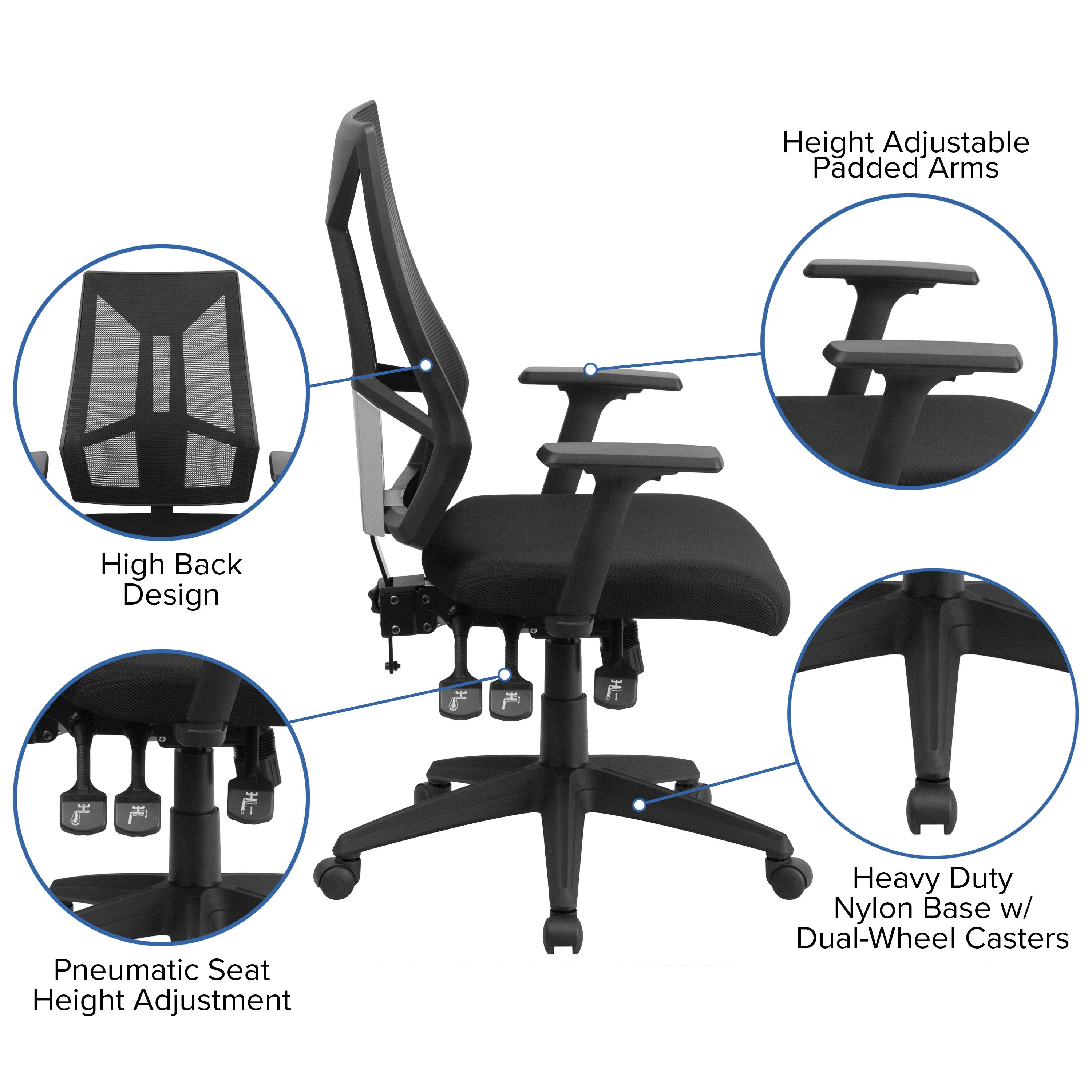 Height Adjustable Padded Arms  
High Back Design  
Pneumatic Seat Height Adjustment  
Heavy Duty Nylon Base w/ Dual-Wheel Casters