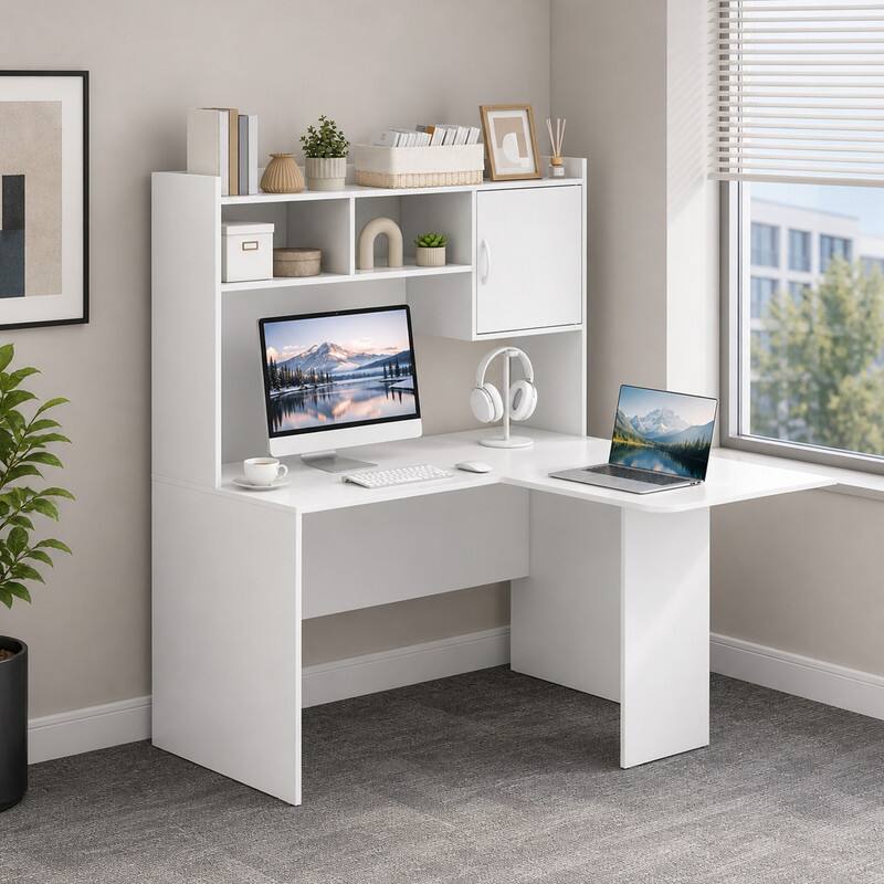 Angle. WELLFOR - L Shape Desk with Open Storage Hutch and Cabinet , Tall Computer Desk for Home Office - White.