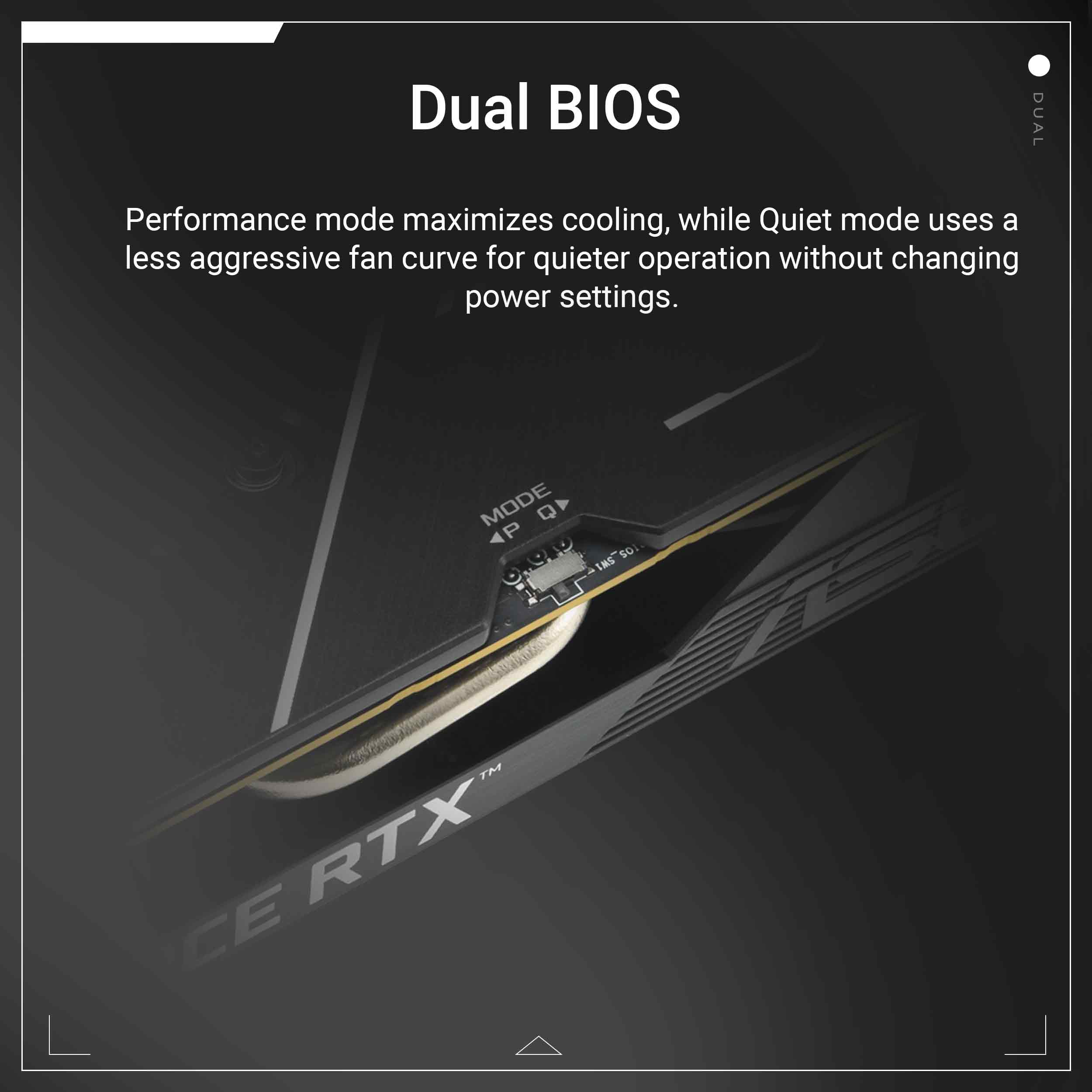 Dual Bios: Dual Performance mode maximizes cooling, while Quiet mode uses a less aggressive fan curve for quieter operation without changing power settings.