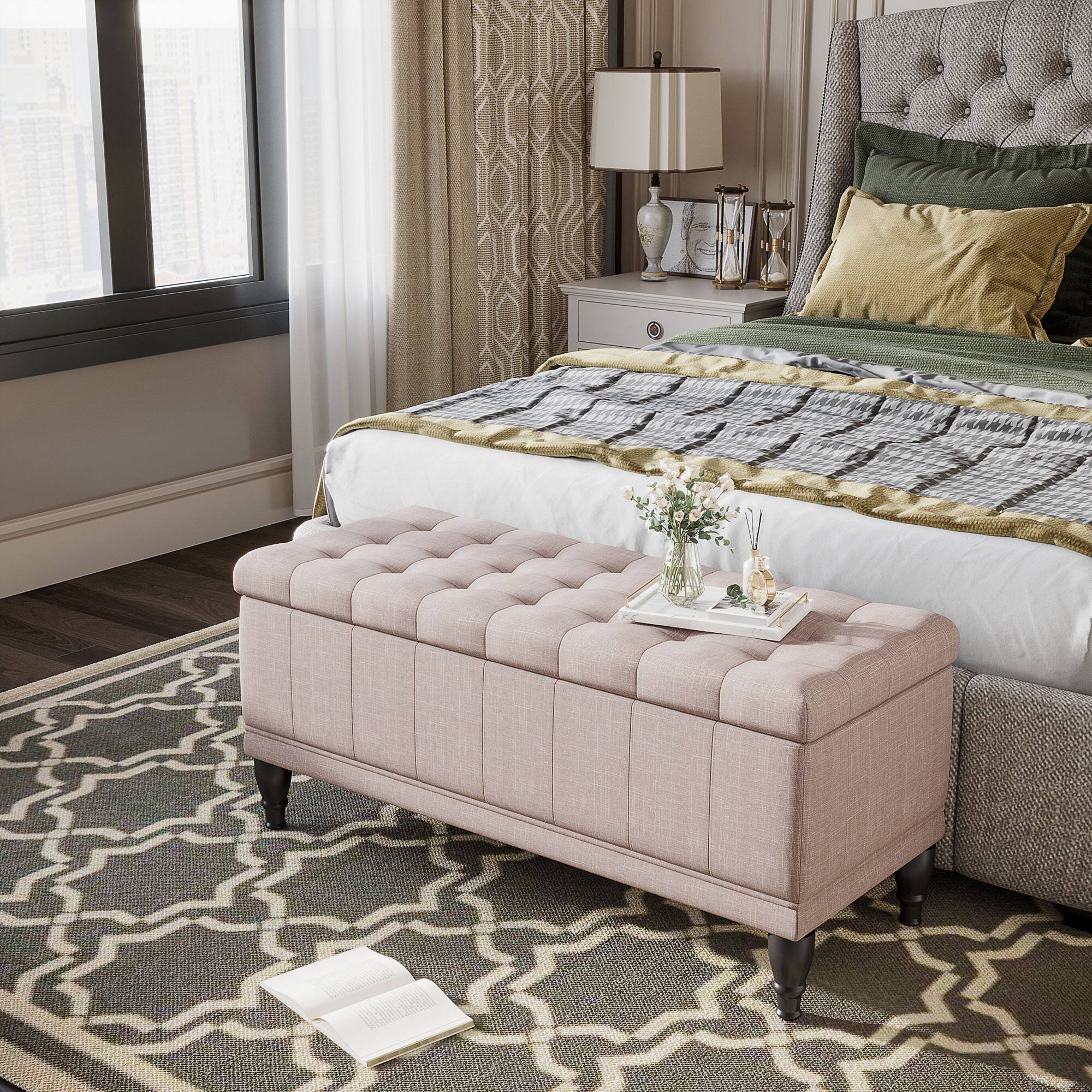 Angle. Homcom - Storage Ottoman, Linen Fabric Button Tufted Storage Bench with Soft Close Lid for Living Room, Entryway or Bedroom - Beige.