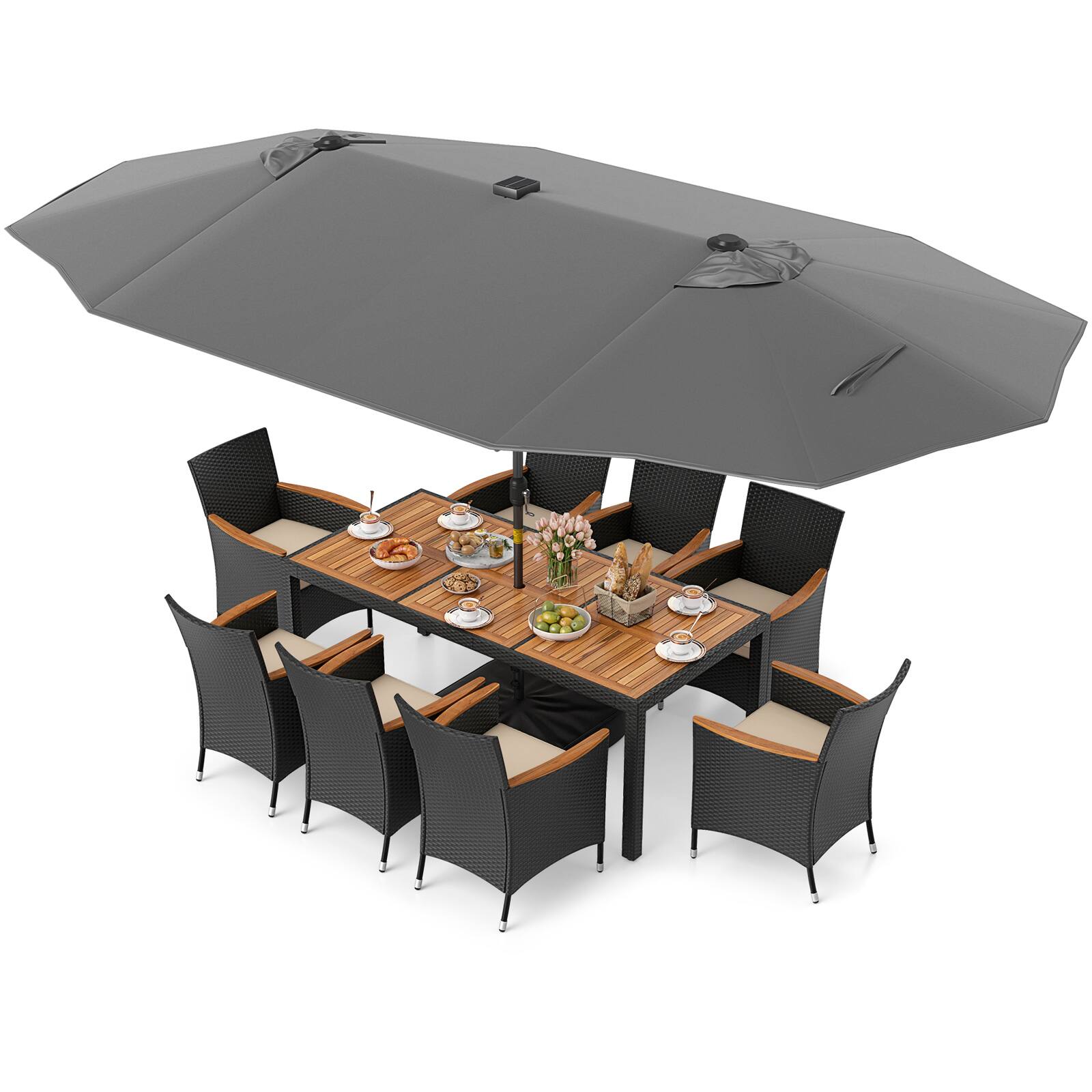 Alt View 4. Gymax - Gymax Set Of 11 Patio Dining Set w/ 15ft Double-Sided Patio Umbrella (Base Included) Gray - Gray.