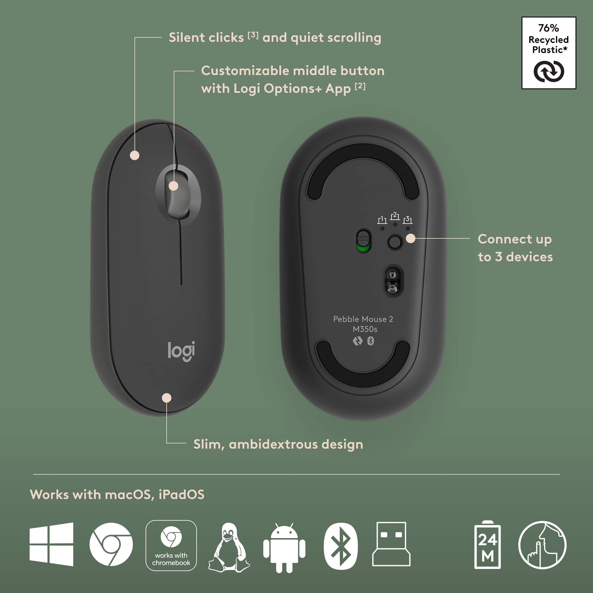 The image shows a Logi Pebble Mouse 2 with a slim, ambidextrous design. It has a customizable middle button with Logi Options+ App and works with macOS, iPadOS, and Chromebook. The mouse has silent clicks and quiet scrolling, making it a great choice for users who want a more discreet and quiet mouse. The image also shows that the mouse is made from 76% recycled plastic, making it an environmentally friendly option.