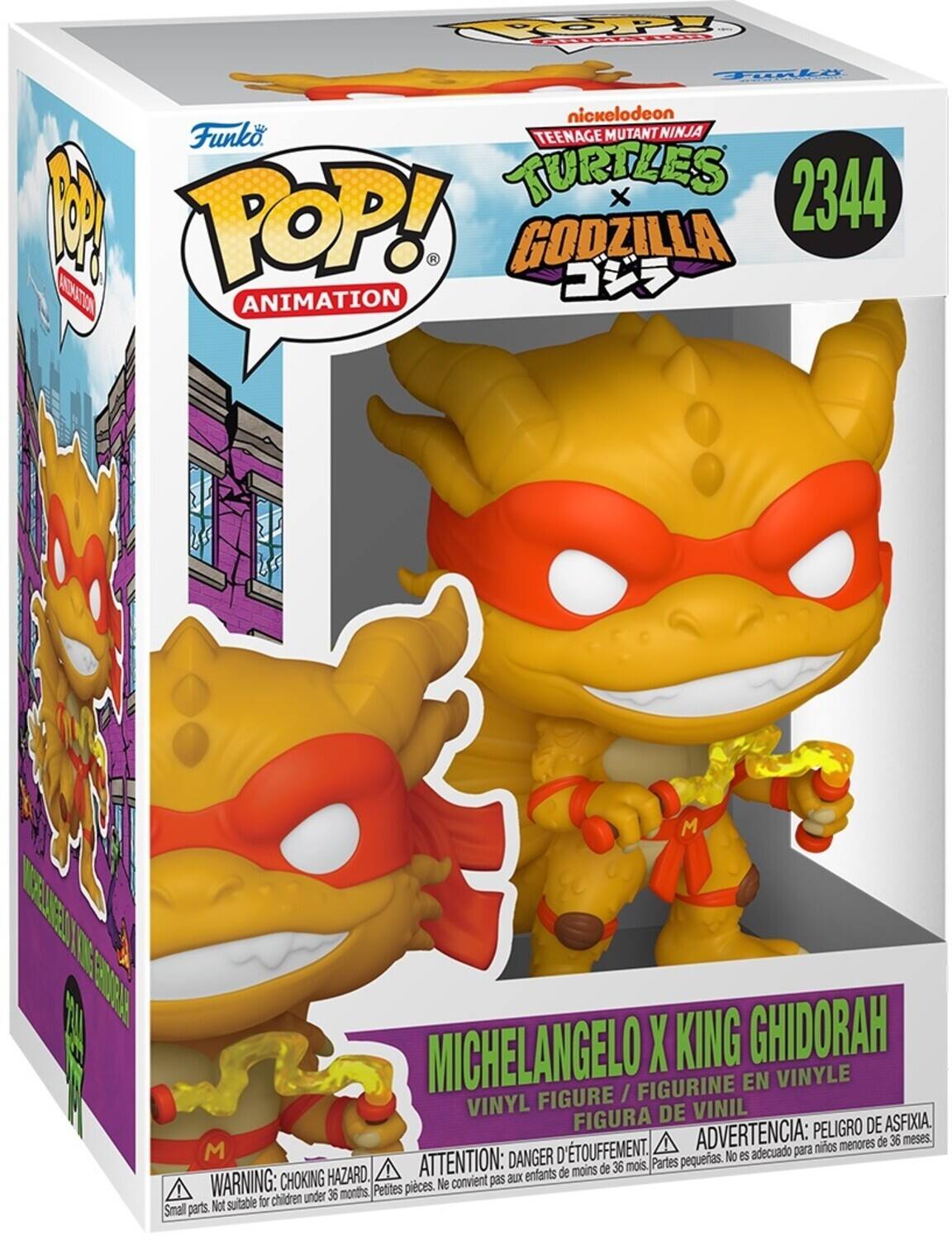 Funko POP! Animation  
Nickelodeon Teenage Mutant Ninja Turtles x Godzilla  
2344  
Michelangelo x King Ghidorah  
Vinyl Figure / Figurine en Vinyle / Figura de Vinil  
Warning: Choking Hazard. Small parts. Not suitable for children under 36 months.  
Attention: Danger d'étouffement. Petites pièces. Ne convient pas aux enfants de moins de 36 mois.  
Advertencia: Peligro de asfixia. M D'touffement. No es adecuado para niños menores de 36 meses.
