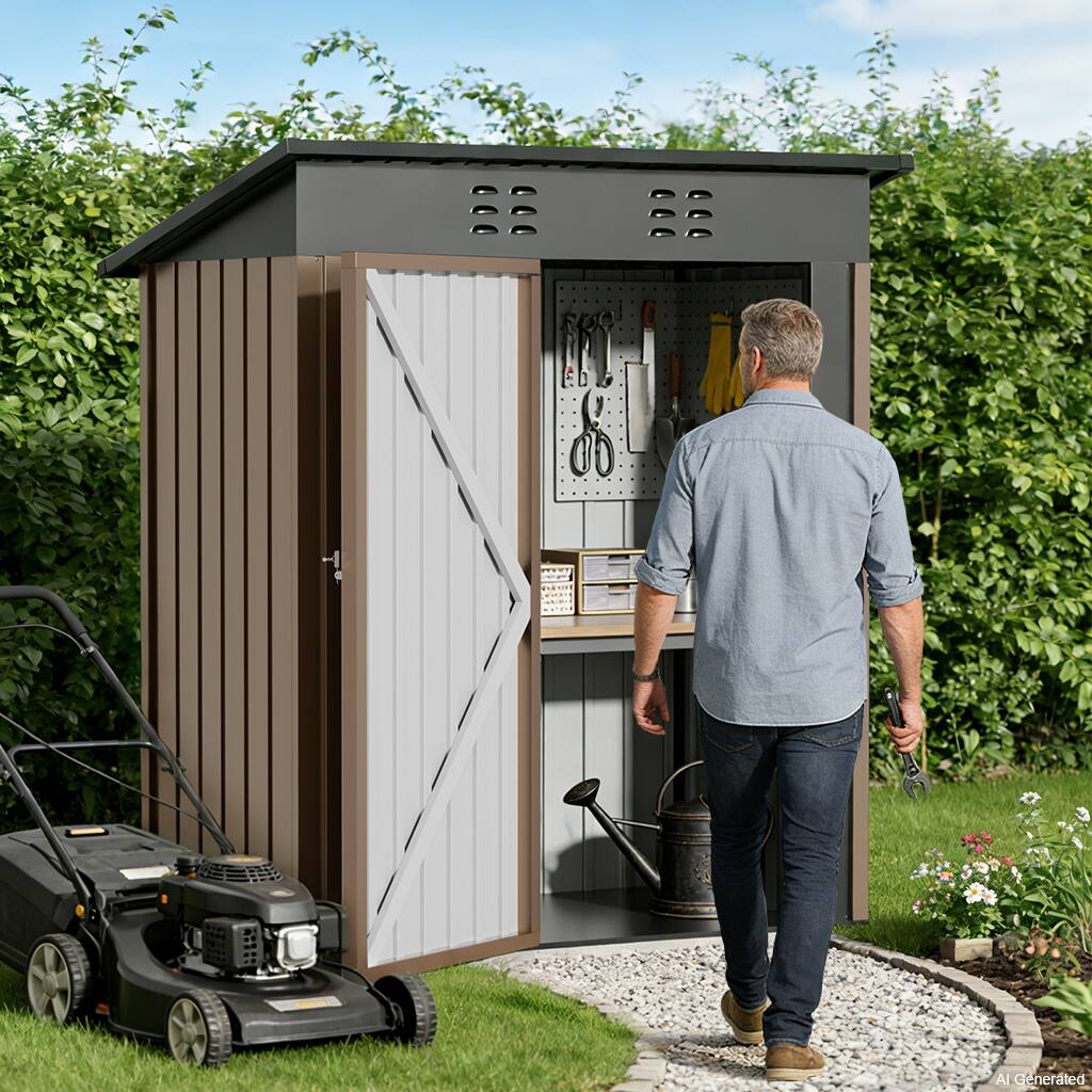 Left. CloudRest Pro - 5 x 3 FT Outdoor Storage Shed Lockable Doors Tool Sheds with Sloping Roof Steel Garden Shed - Brown.