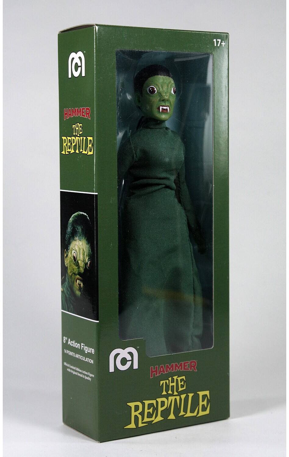 The text on the image is: "17+ HAMMER THE REPTILE 8" Action Figure 14 POINTS ARTICULATION M Amite Uden HAMMER Ingen Teal aial Tauee k qul THE REPTILE." 

Corrected and grouped text: "17+ HAMMER THE REPTILE 8" Action Figure 14 POINTS ARTICULATION. M Amite Uden HAMMER Ingen Teal aial Tauee k qul THE REPTILE."