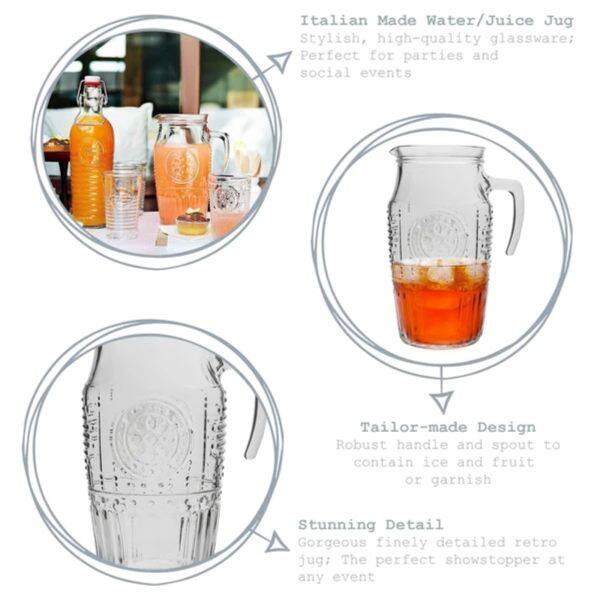 Italian Made Water/Juice Jug

Stylish, high-quality glassware; Perfect for parties and social events

Tailor-made Design
Robust handle and spout to contain ice and fruit or garnish

Stunning Detail
Gorgeous, finely detailed retro jug; The perfect showstopper at any event