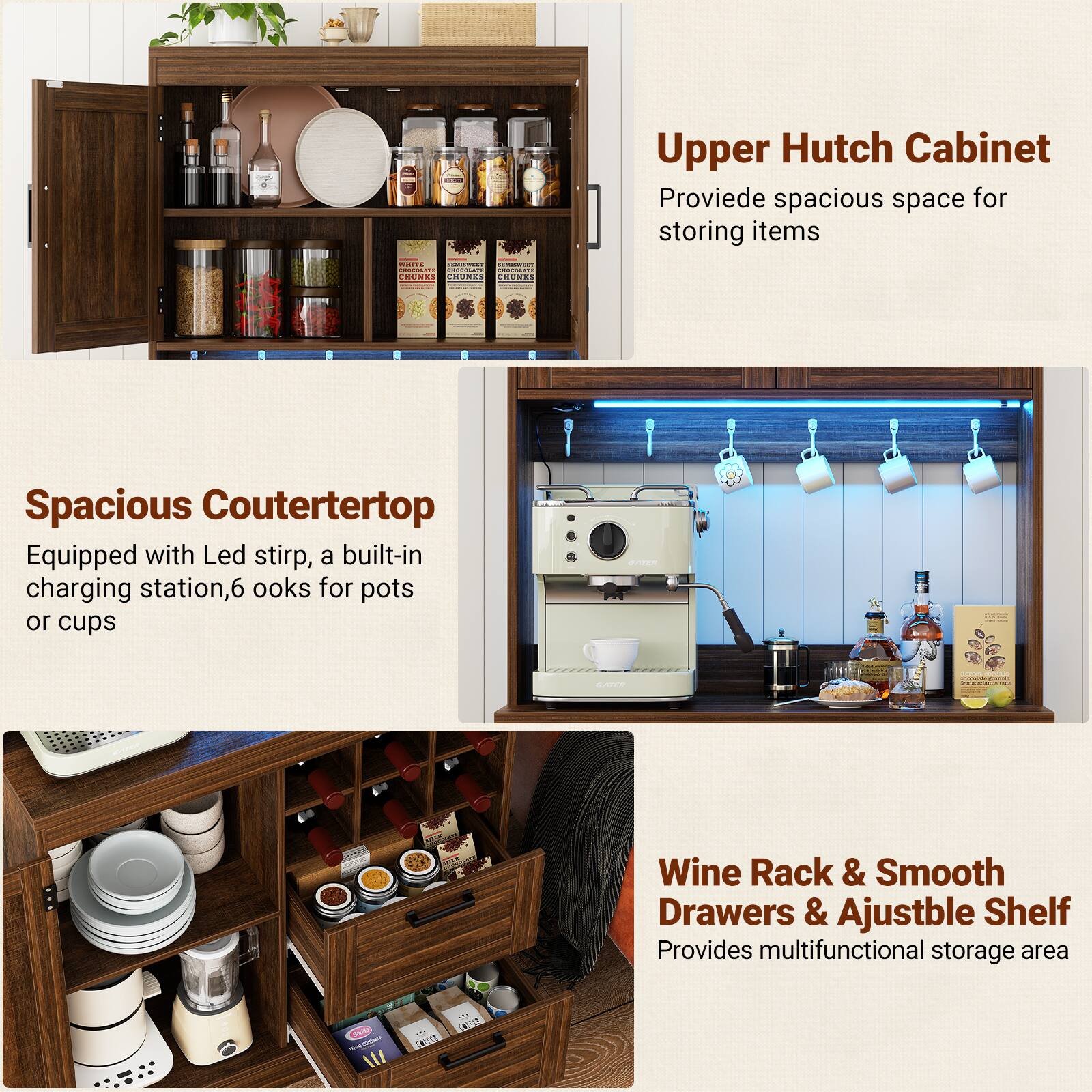 Upper Hutch Cabinet  
Provide spacious space for storing items  

Spacious Countertop  
Equipped with Led strip, a built-in charging station, 6 hooks for pots or cups  

Wine Rack & Smooth Drawers & Adjustable Shelf  
Provides multifunctional storage area