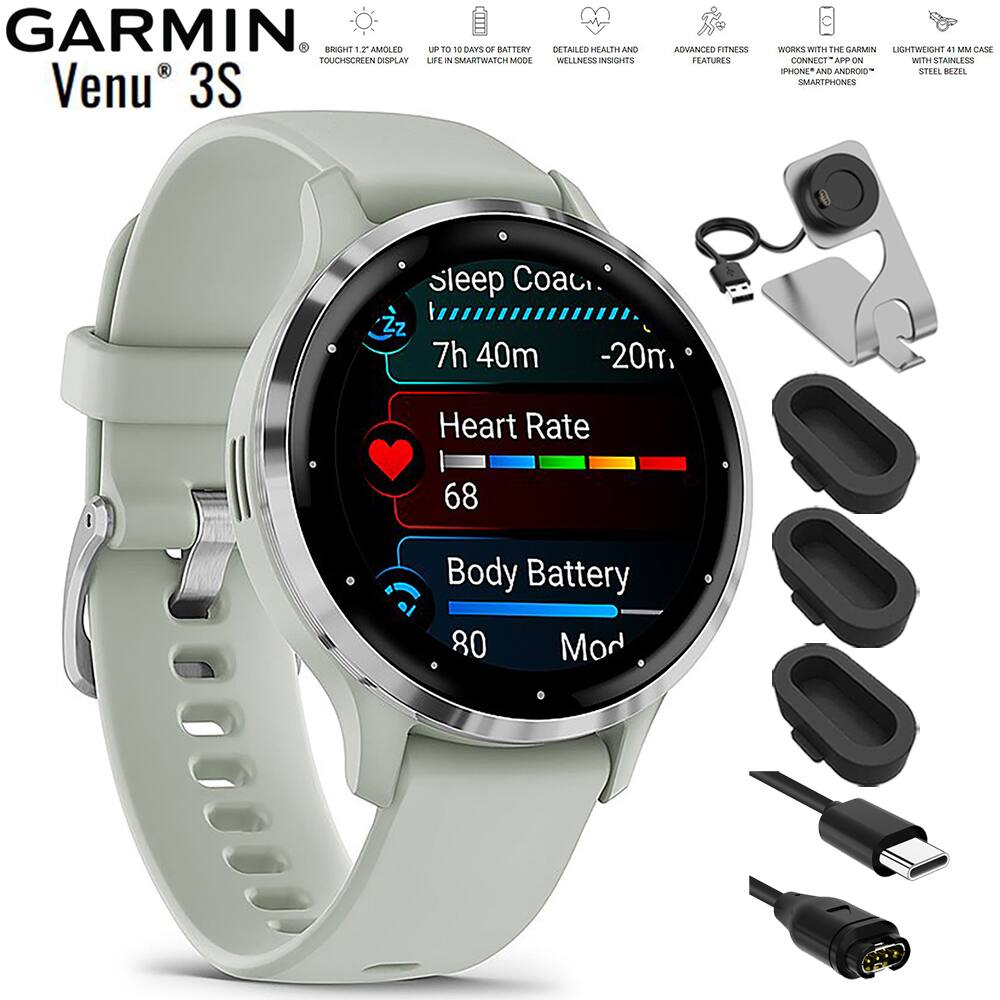Garmin - Venu 3S Fitness GPS Smartwatch Steel with Gray Case 41mm+Charging Bundle - Stainless Steel and Sage Gray - (2023)