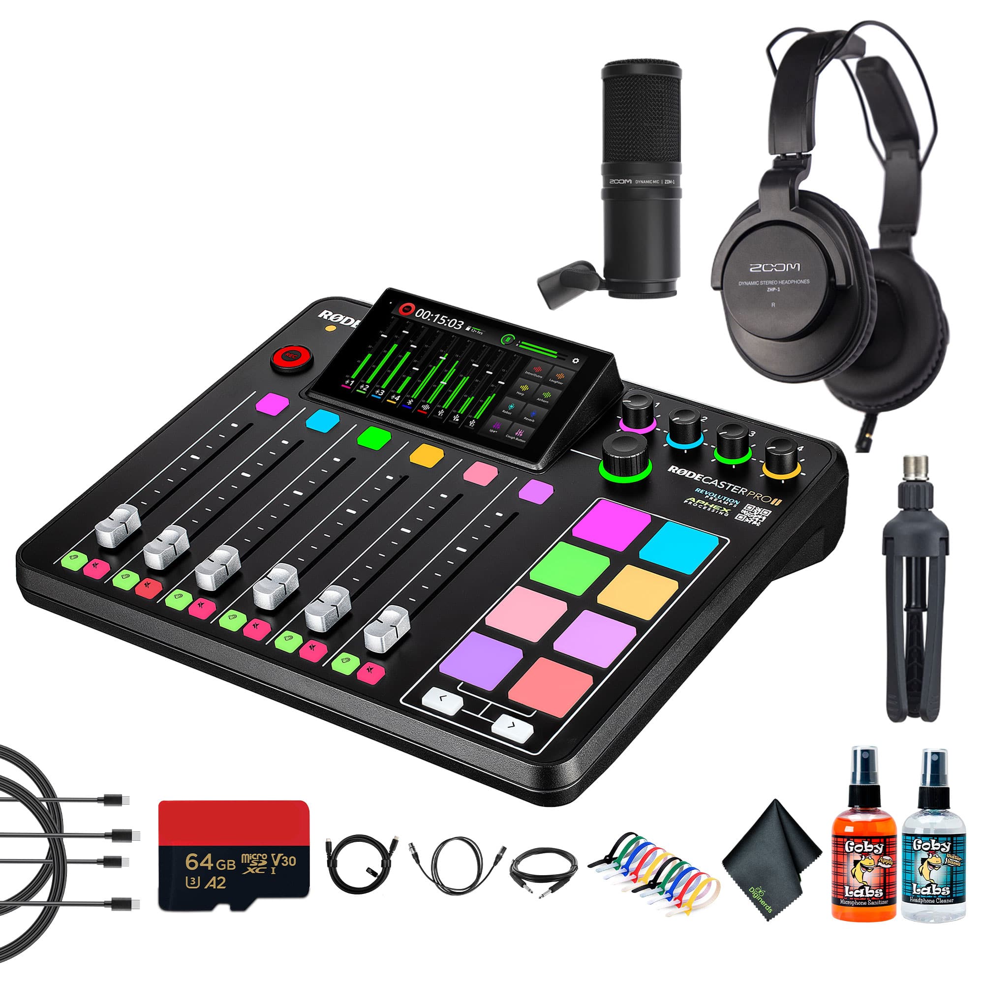 RODE - RODECaster Pro II + Headphones + Podcast Microphone + 64GB Micro SD + More (Bundle)