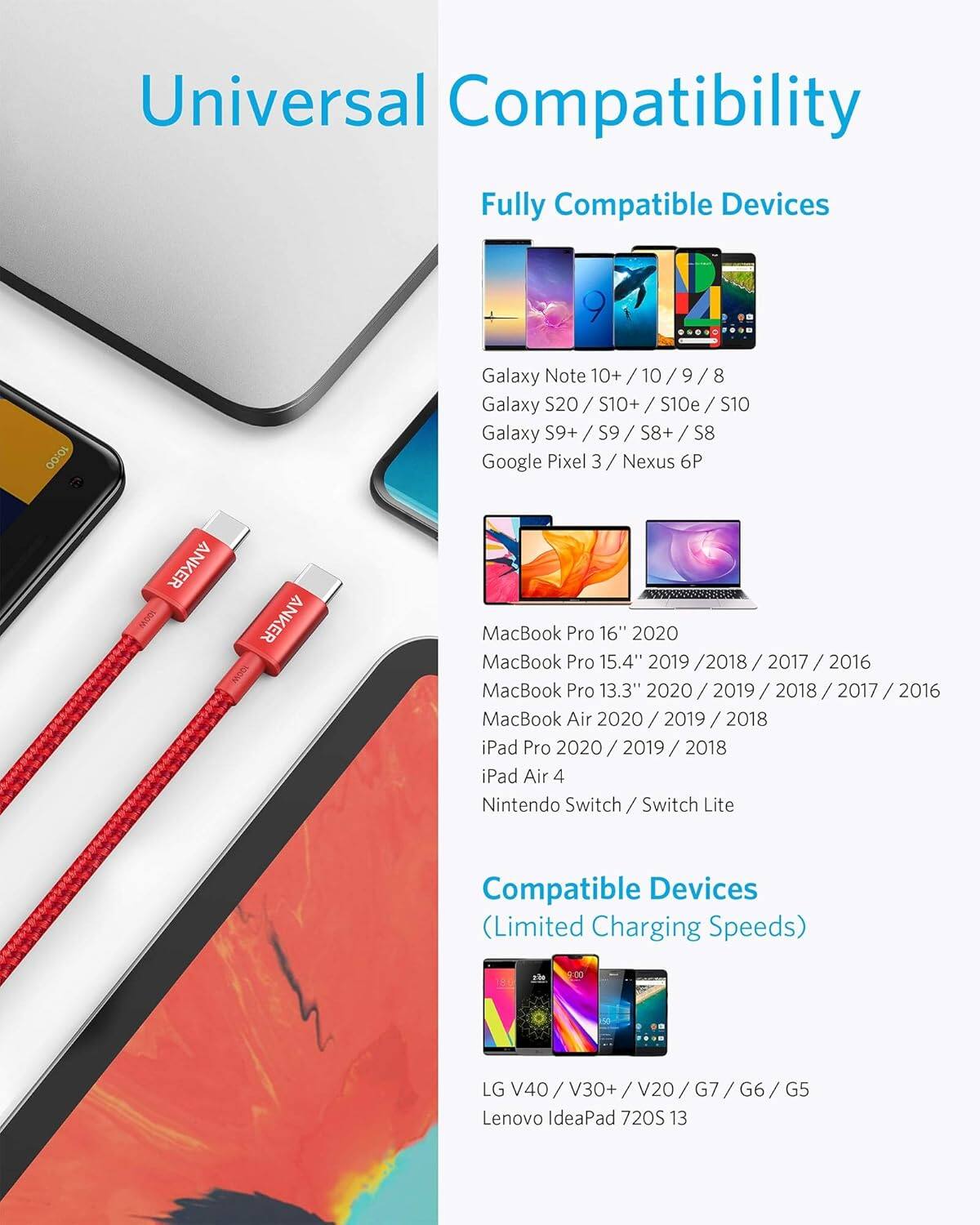 Universal Compatibility

Fully Compatible Devices

- Galaxy Note 10+ / 10 / 9 / 8
- Galaxy S20 / S10+ / S10e / S10
- Galaxy S9+ / S9 / S8+ / S8
- Google Pixel 3 / Nexus 6P
- MacBook Pro 16" 2020
- MacBook Pro 15.4" 2019 / 2018 / 2017 / 2016
- MacBook Pro 13.3" 2020 / 2019 / 2018 / 2017 / 2016
- MacBook Air 2020 / 2019 / 2018
- iPad Pro 2020 / 2019 / 2018
- iPad Air 4
- Nintendo Switch / Switch Lite

Compatible Devices (Limited Charging Speeds)

- LG V40 / V30+ / V20 / G7 / G6
- Lenovo IdeaPad 720S 13