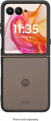 The text on the image reads: "11:35 Tue, Apr 3 100% M razr Phone sold separately".