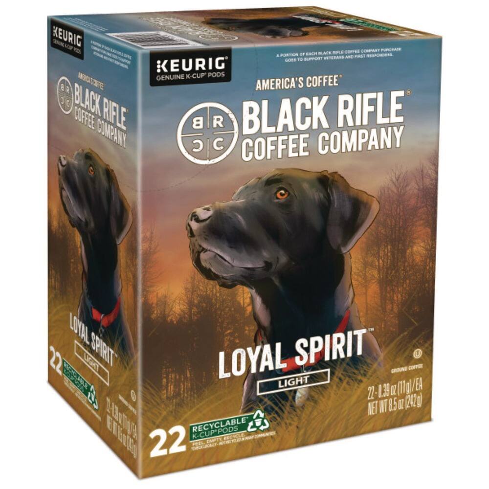 KEURIG VES COFFEE COMPANY PUNCHATE OF BACH BLACK RIFLE & PORTION AND FIRST HEANEYERS TO SUPPORT VETERANS GOFS KEURIG GENUINE K-CUP PODS AMERICA'S COFFEE A.8 8 BLACK RIFLE COFFEE COMPANY LOYAL SPIRIT LIGHT 22-0.39 OZ (11 g)/EA 22 WT 8.5 OZ (242g) RECYCLABLE K-CUP PODS EMPTY RECYCLE 22 TOMOLCAY PEEL

AMERICA'S COFFEE  
BLACK RIFLE COFFEE COMPANY  
LOYAL SPIRIT  
LIGHT  
22 - 0.39 oz (11 g)/EA  
NET WT 8.5 oz (242 g)  
RECYCLABLE K-CUP PODS