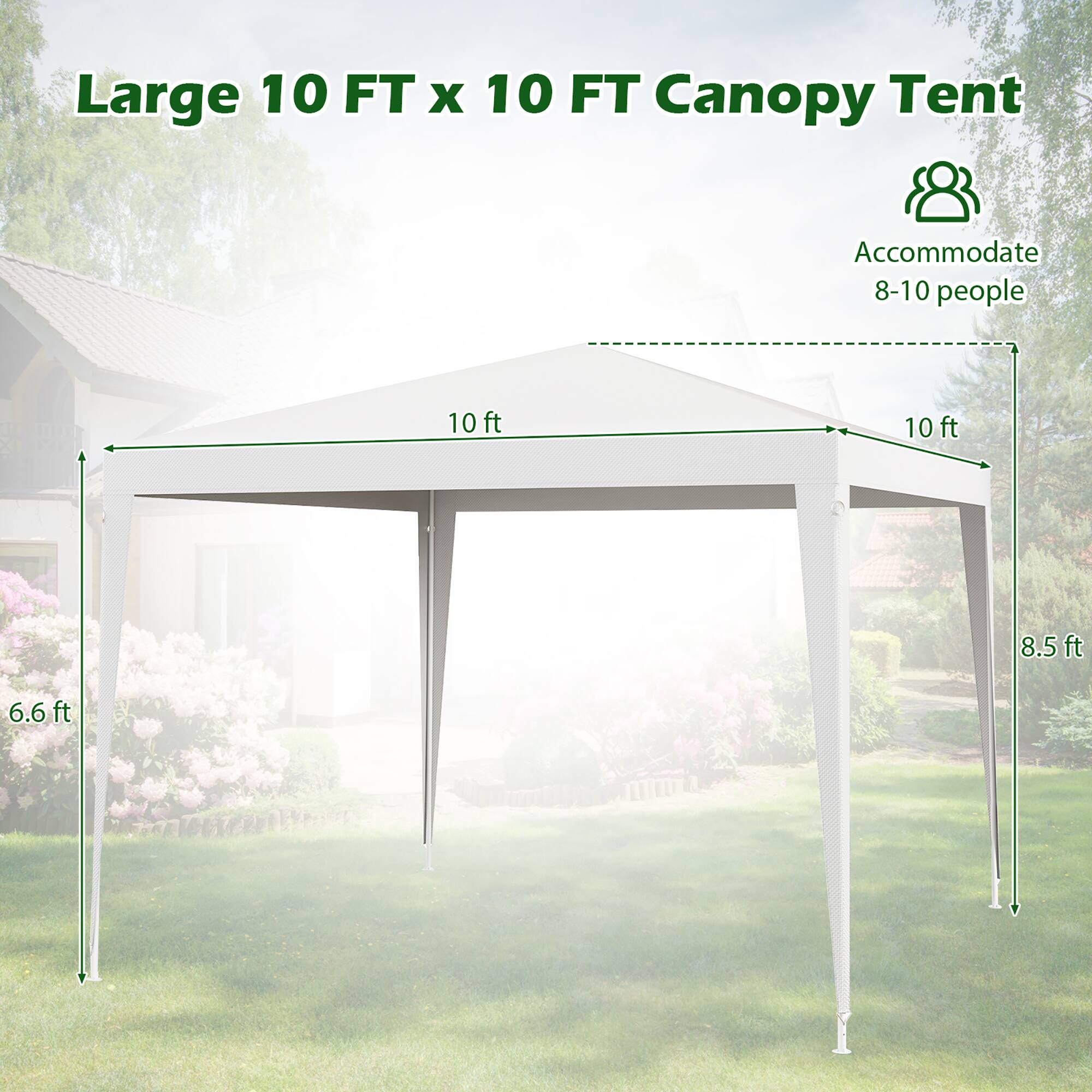 Large 10 FT x 10 FT Canopy Tent Accommodate 8-10 people. Dimensions: 10 ft x 10 ft, Height: 8.5 ft, Clearance: 6.6 ft.