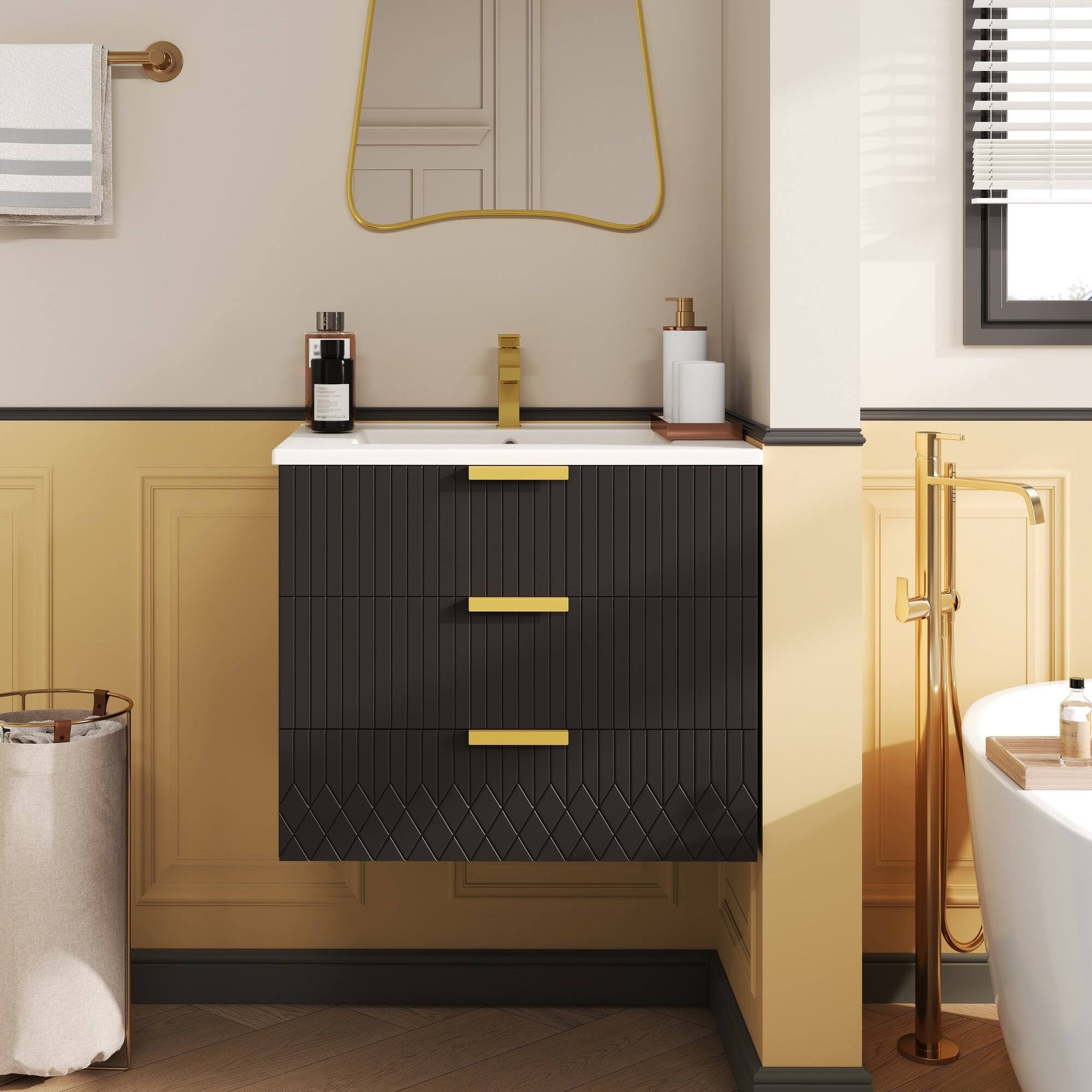 Alt View 1. Boyel Living - 24 Inch Wall Mounted Bathroom Vanity with Ceramic Sink and Double Drawers Black - Black.