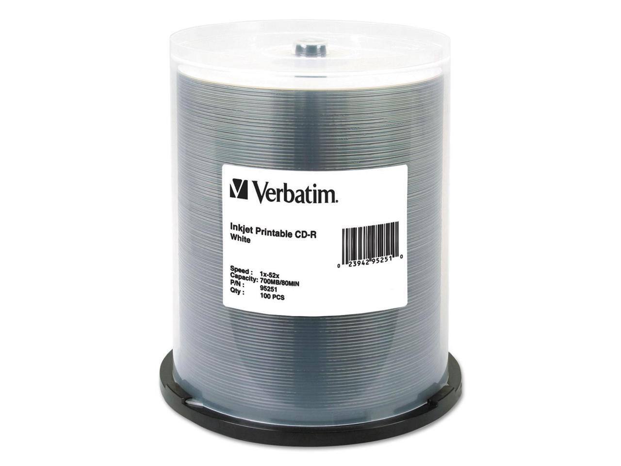 Verbatim  
Inkjet Printable CD-R White  
Speed: 1x-52x  
Capacity: 700MB/80MIN  
P/N: 95251  
Qty: 100 PCS  

0 23942 95251 0