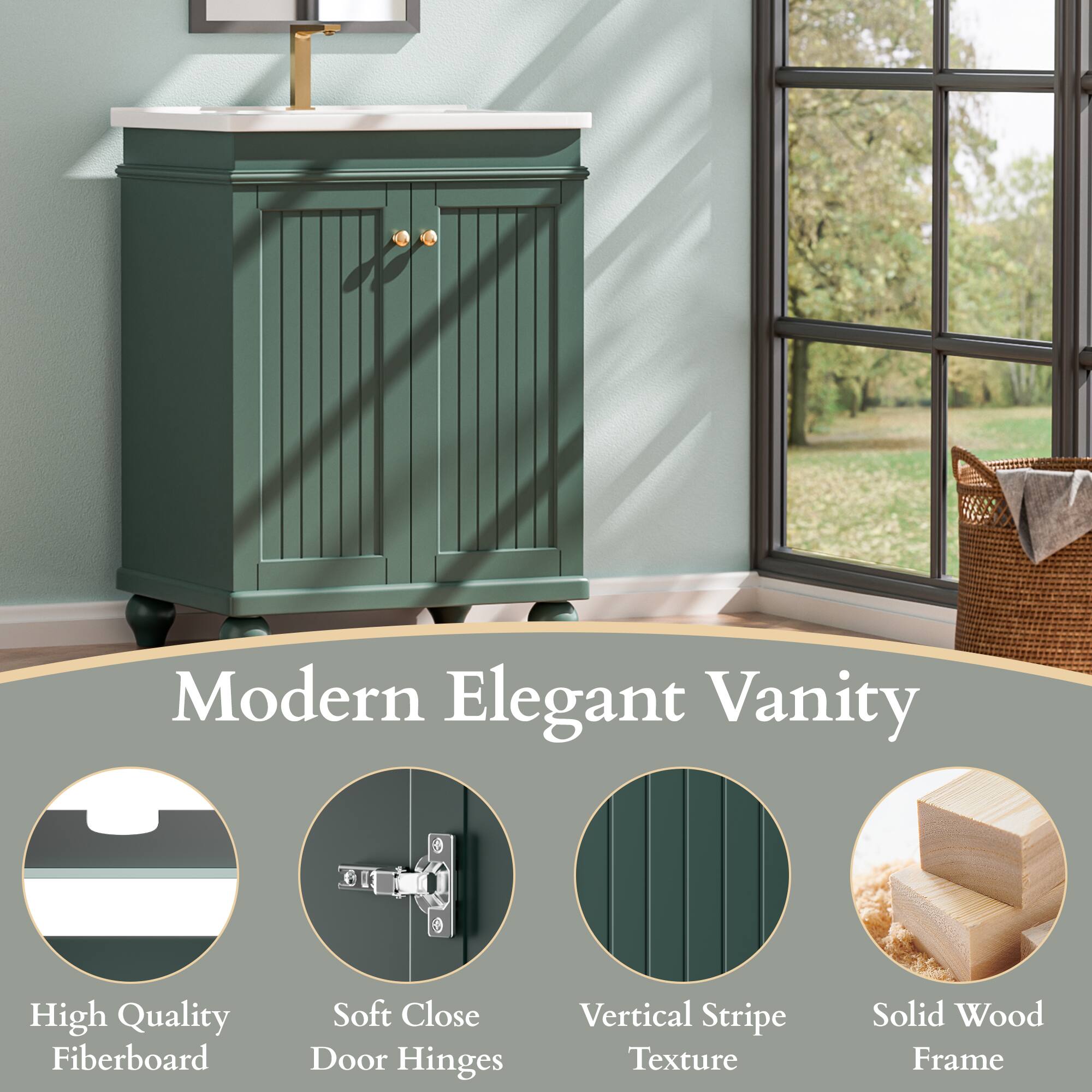 Modern Elegant Vanity

High Quality Fiberboard
Soft Close Door Hinges
Vertical Stripe Texture
Solid Wood Frame