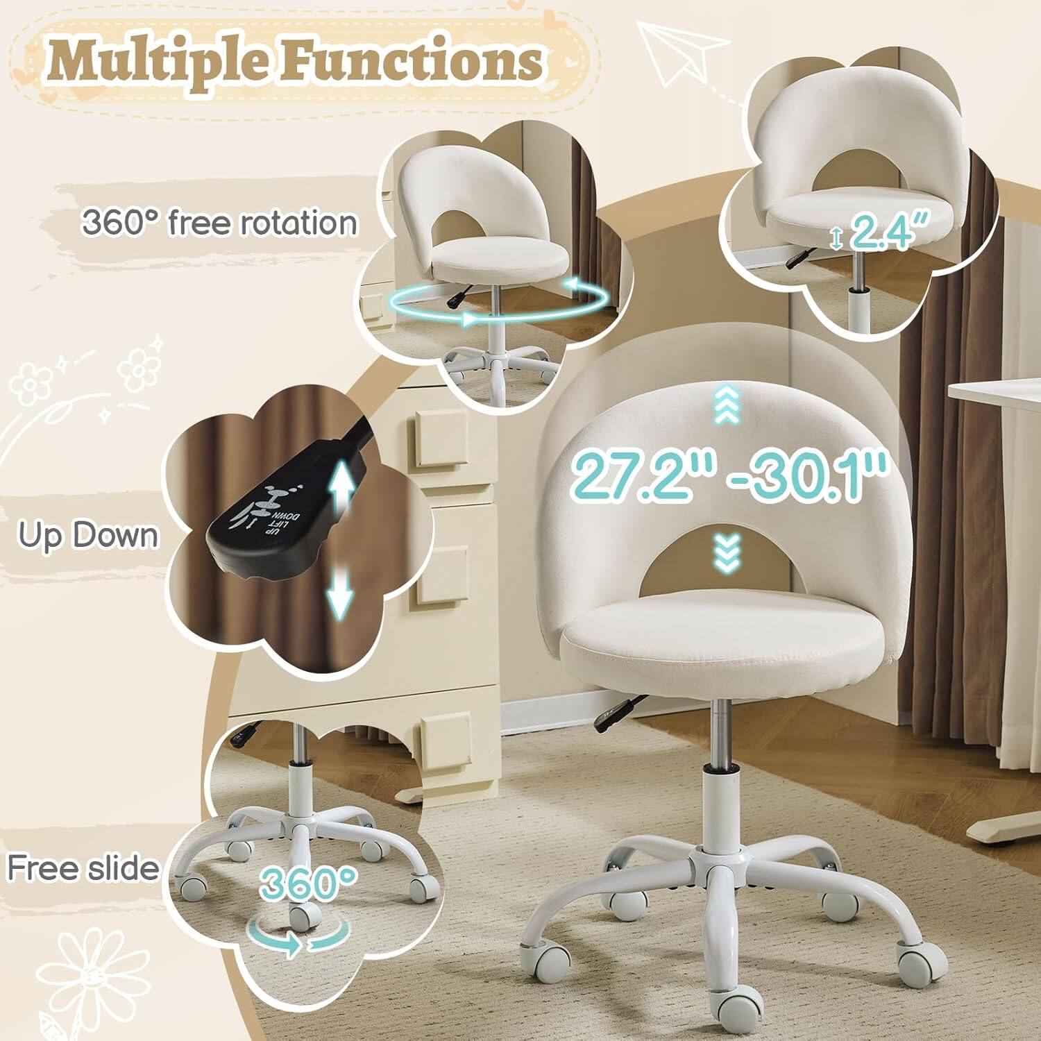 Multiple Functions  
360° free rotation  
2.4" Up Down  
27.2" - 30.1" Free slide  
360°