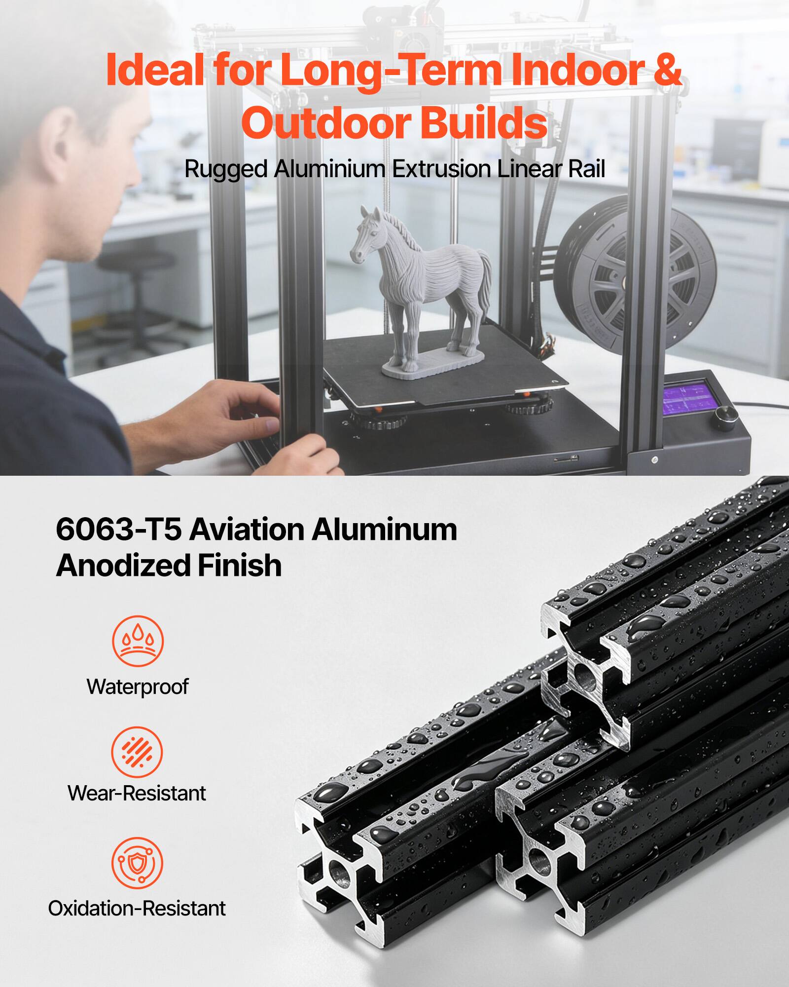 Ideal for Long-Term Indoor & Outdoor Builds  
Rugged Aluminium Extrusion Linear Rail  
6063-T5 Aviation Aluminum Anodized Finish  
Waterproof  
Wear-Resistant  
Oxidation-Resistant