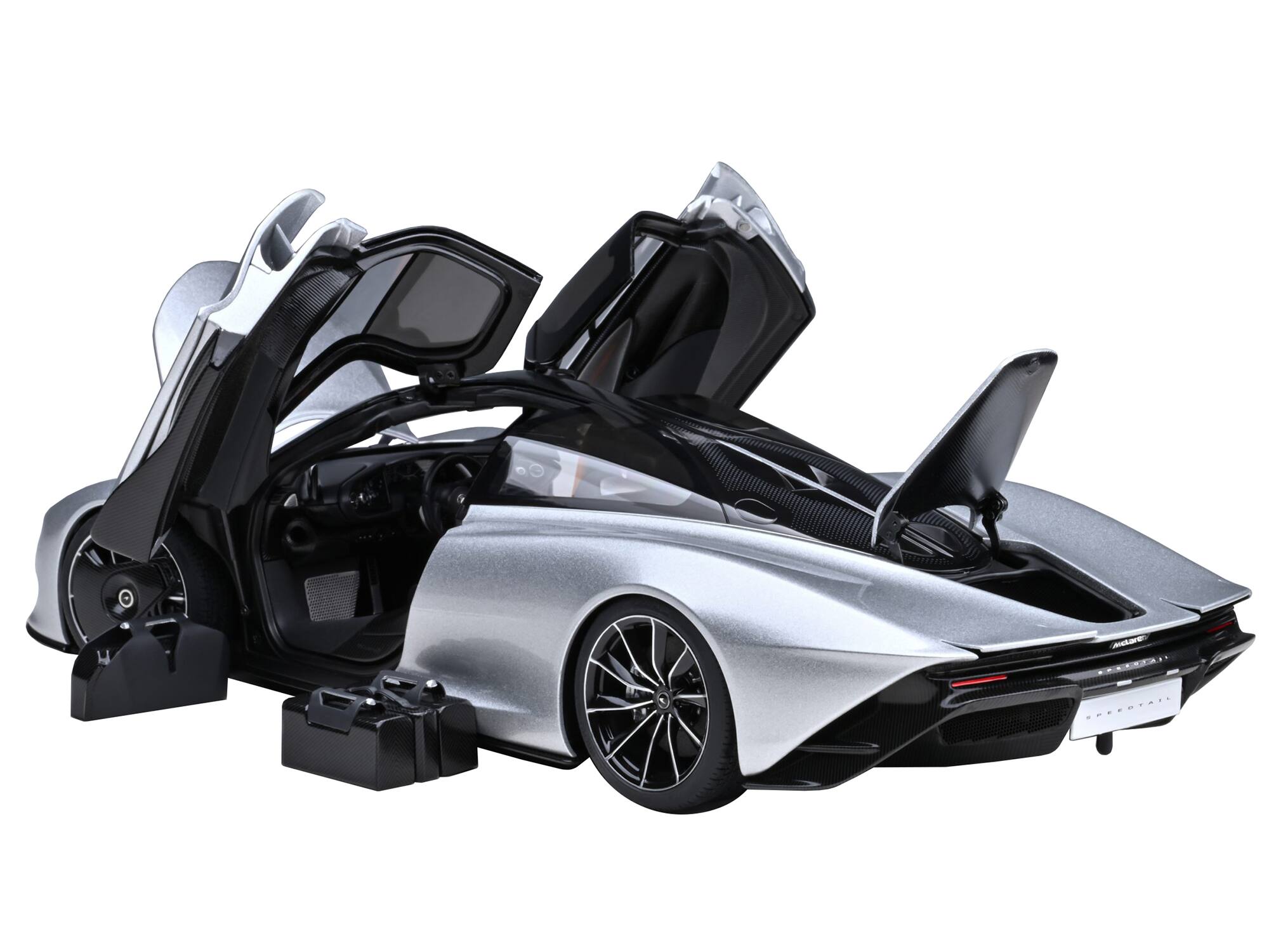 Alt View 1. Autoart - McLaren Speedtail Supernova Silver Metallic with Black Top and Suitcase Accessories 1/18 Model Car by Autoart.