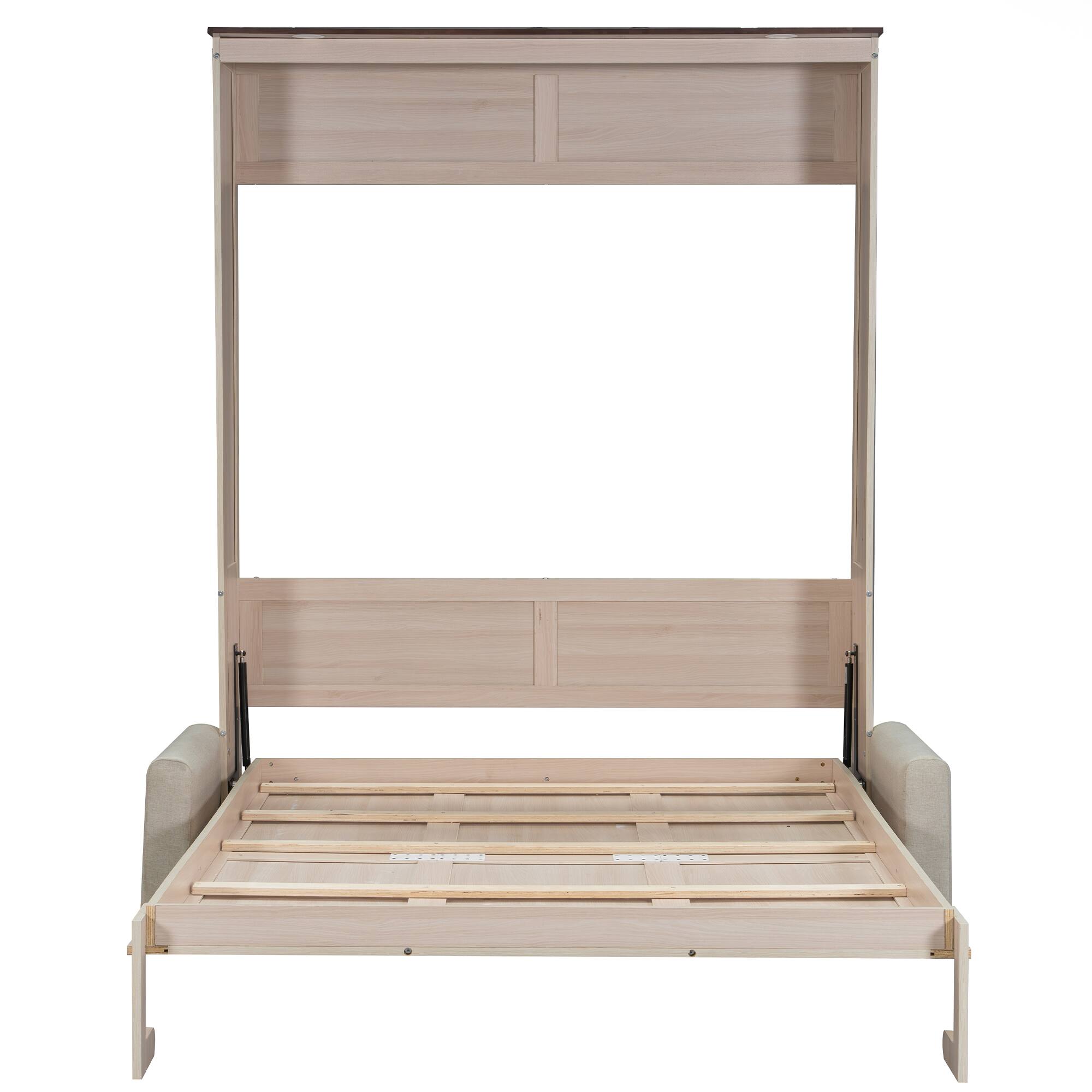 Alt View 1. Whisen - Queen Size Murphy Bed with Integrated Sofa and LED Lights, Space-Saving Foldable Bed Frame - Beige.