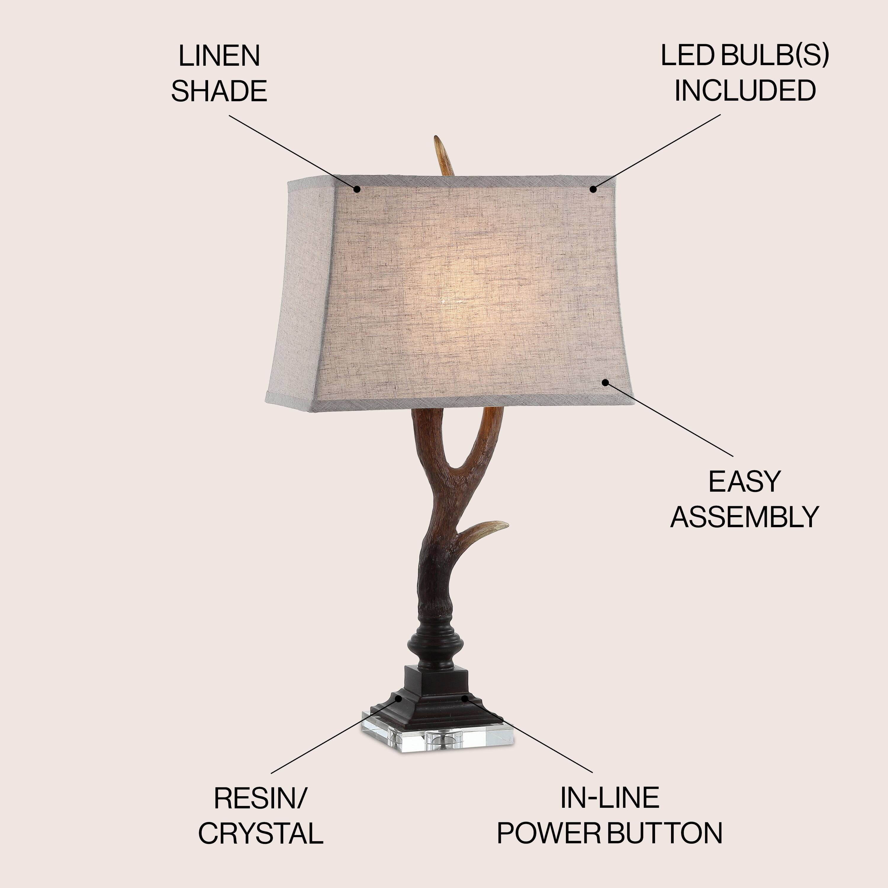 LINEN SHADE  
LED BULB(S) INCLUDED  
EASY ASSEMBLY  
RESIN/CRYSTAL  
IN-LINE POWER BUTTON
