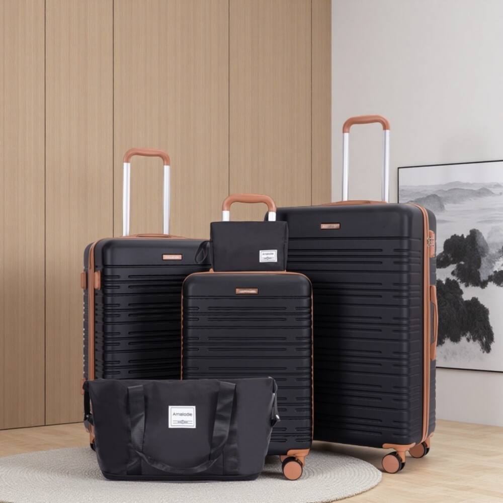 Angle. BreeBe - 5-Piece ABS Hard Case Luggage Set with Spinner Wheels and TSA Lock, Includes Carry-On, Travel, and Toiletry Bags - Black.