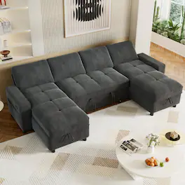 Vipbear - 105" U Shaped Couch Sleeper Sofa, Pull Out Couch with Reclining Backrest, Reversible Storage Chaise, USB Ports - Gray