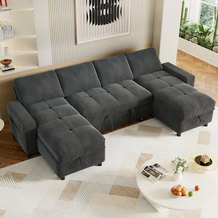 Front. Vipbear - Vipbear 105" U Shaped Couch Sleeper Sofa, Pull Out Couch with Reclining Backrest, Reversible Storage Chaise, USB Ports - Grey.