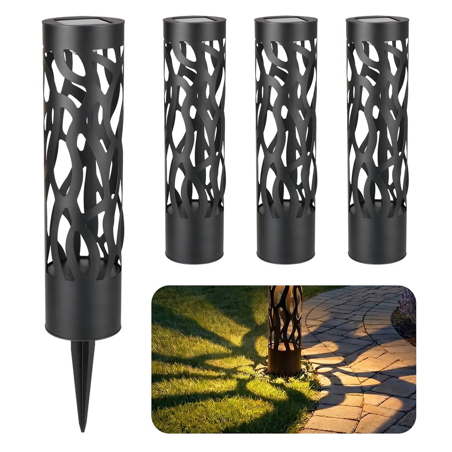 Alt View 4. Home Zone Security - Hollow-Metal Bollard Solar Outdoor Light, 50 Lumens, Ground Stake, 2 Light Modes, Dusk to Dawn, 4 Pack - Black.