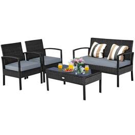 Pefilos - 4 Pieces Patio Rattan Furniture Set, Balcony Furniture Outdoor Rattan Patio Conversation Set with Loveseat and Table - Black