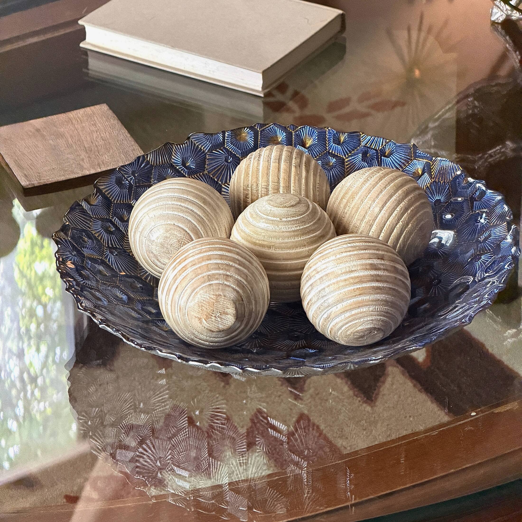 Alt View 3. PD Home & Garden - Set of 6 Whitewashed Wood Decorative Orbs 3 Inch Ridged Striped Bowl Fillers - White.