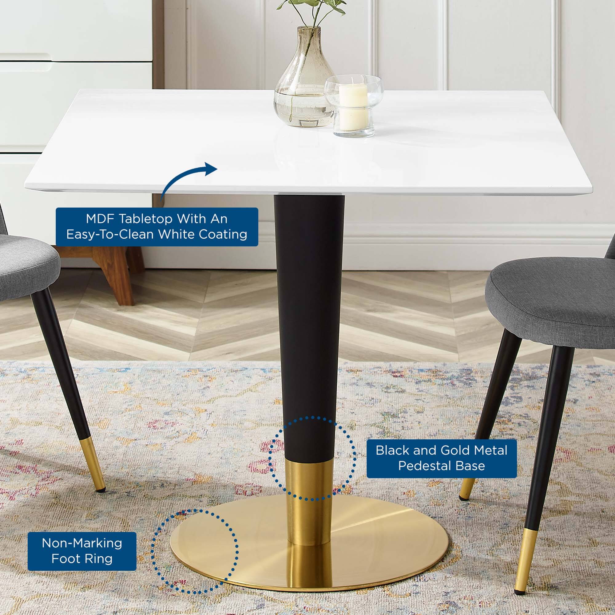 MDF Tabletop With An Easy-To-Clean White Coating  
Black and Gold Metal Pedestal Base  
Non-Marking Foot Ring