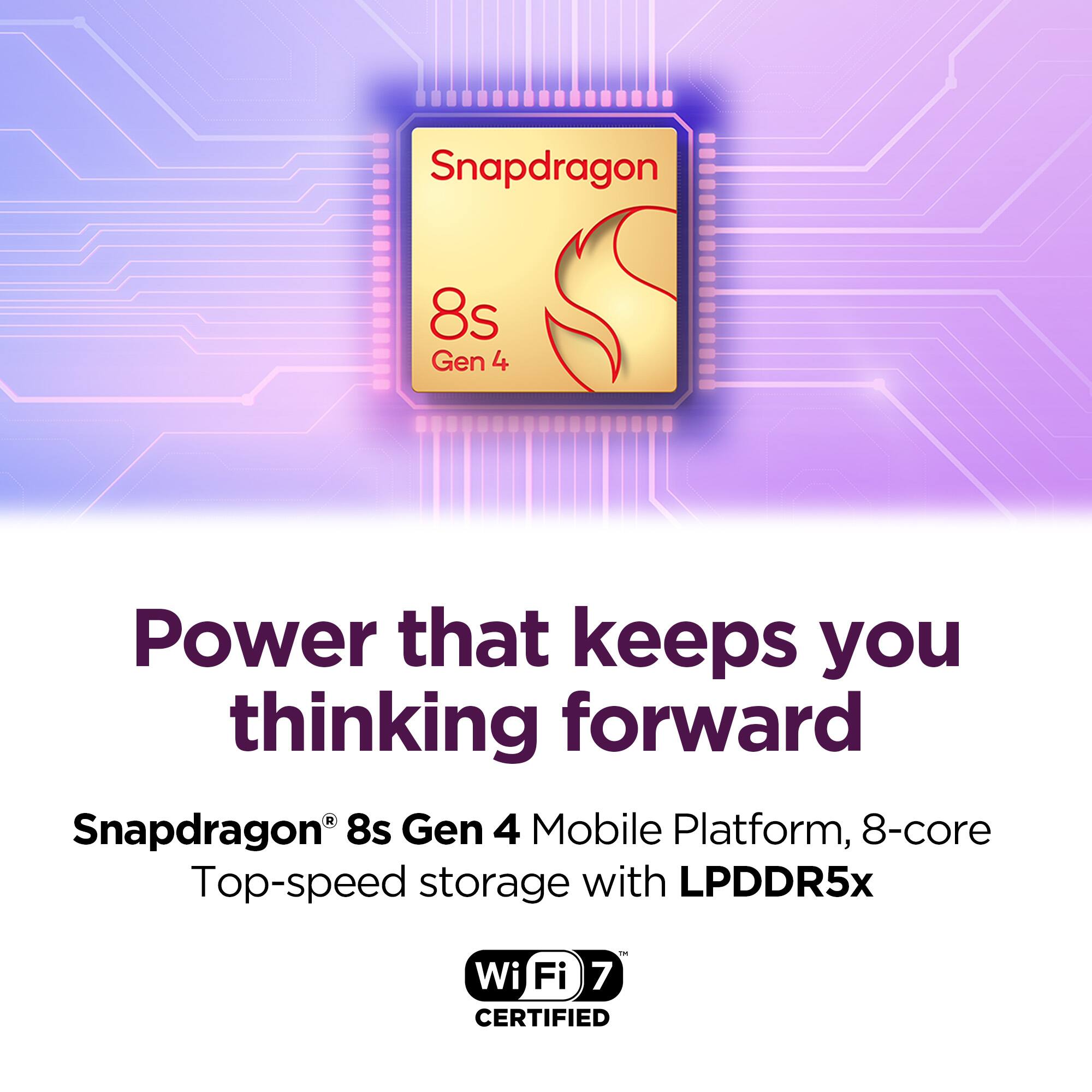Snapdragon 8s Gen 4 Power that keeps you thinking forward  
Snapdragon 8s Gen 4 Mobile Platform, 8-core  
Top-speed storage with LPDDR5x  
Wi-Fi 7 CERTIFIED