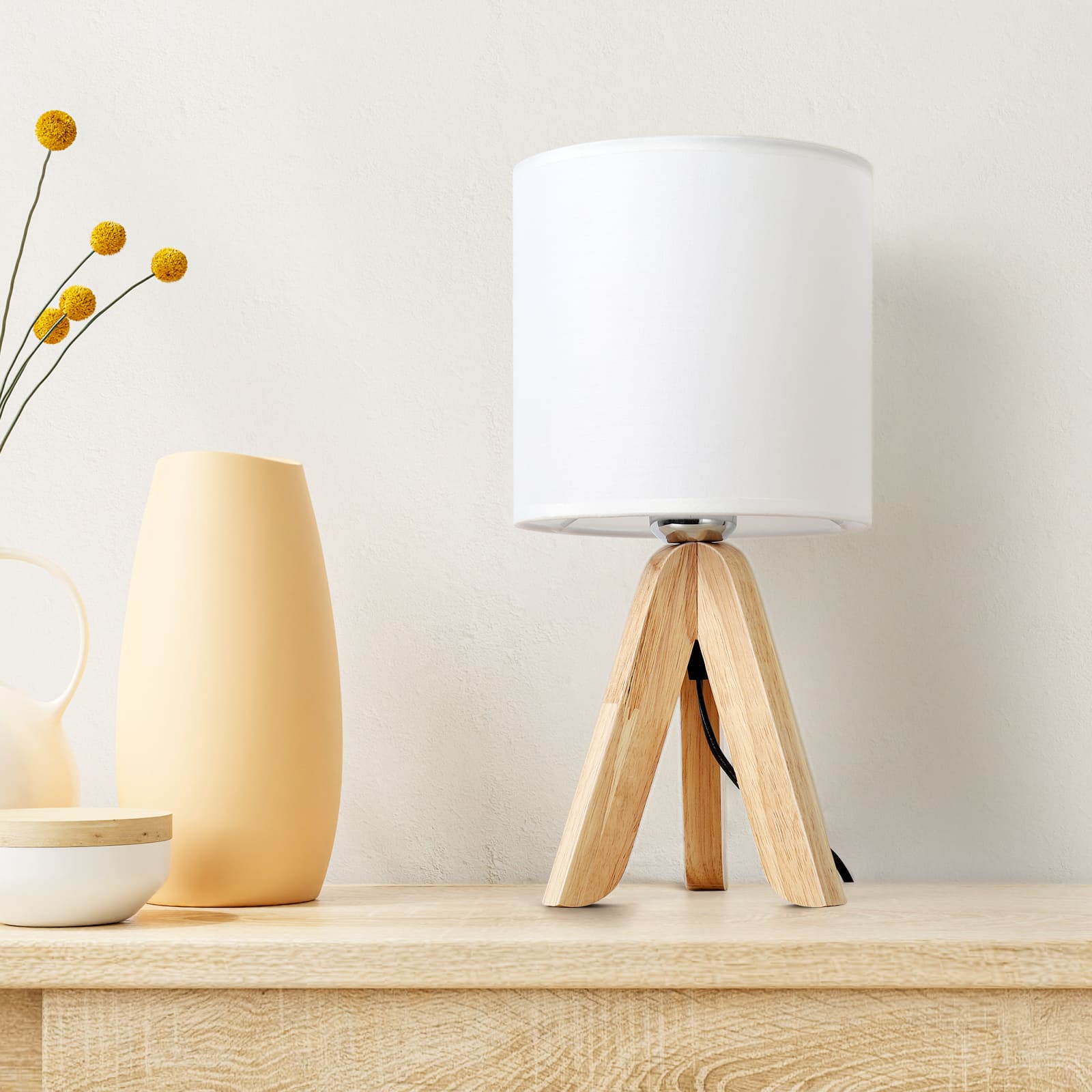 Oumilen - Brown Wooden Tripod Nightstand Lamp with Fabric Shade