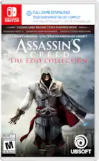 Nintendo Switch. Full game download. Game card not included. 3 classic games included. Assassin's Creed I, Assassin's Creed Brotherhood, Assassin's Creed Revelations. A Ubisoft original. Une creation originale Ubisoft. Assassin's Creed The Ezio Collection. Mature 17+. Jeunes adultes 17+. M ESRB @ Ubisoft.