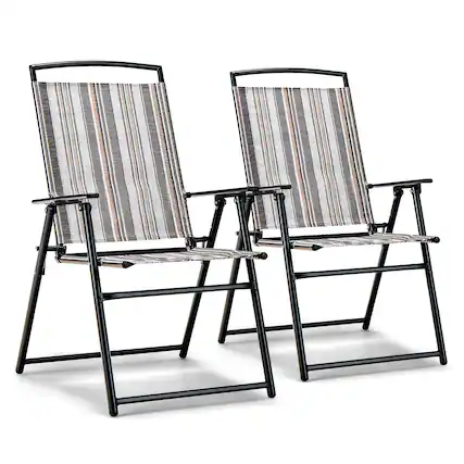 Front. Costway - Costway 2pcs Patio Folding Sling Chairs Dining Armrest Backrest Outdoor Portable Streak - Grey.